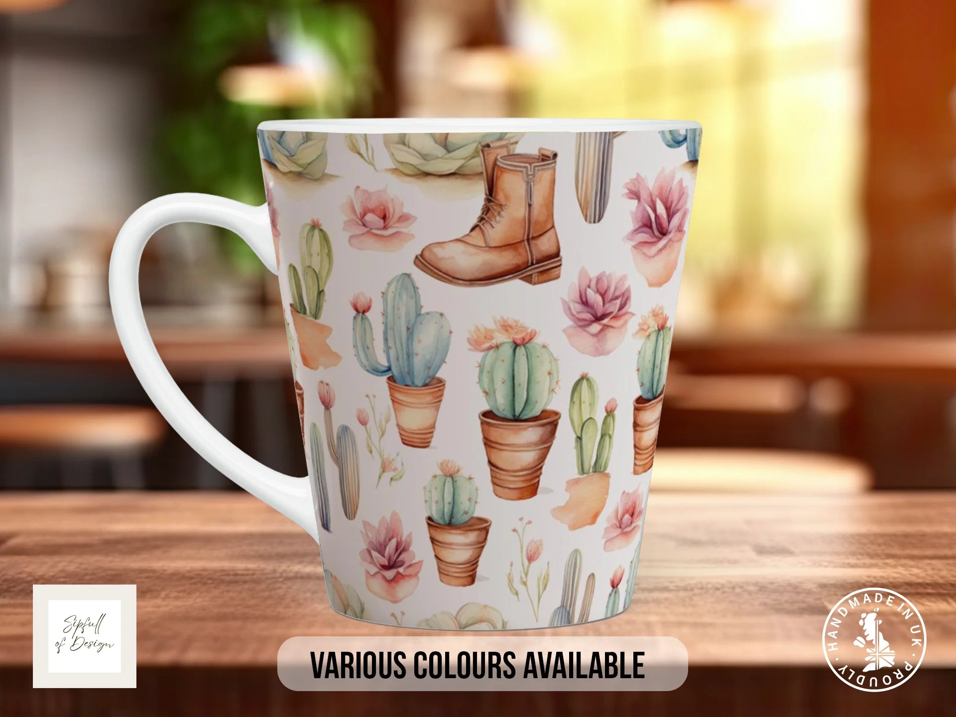 Floral Western Boho Full Wrap Mug – Design 11 | Ranch Boot & Potted Cactus Garden | Art Mug 12oz Latte