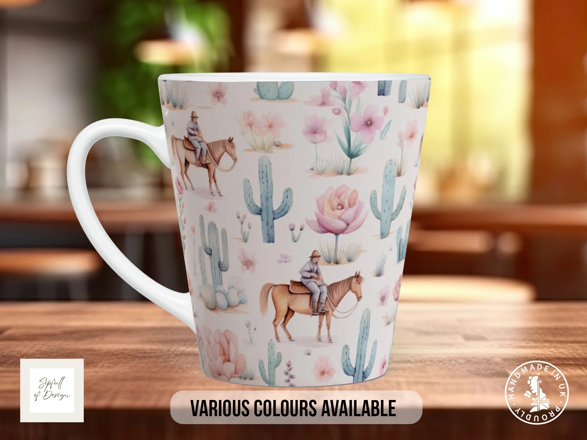 Floral Western Boho Full Wrap Mug – Design 8 | Ethereal Cowboys & Teal Cactus | Art Mug 12oz Latte