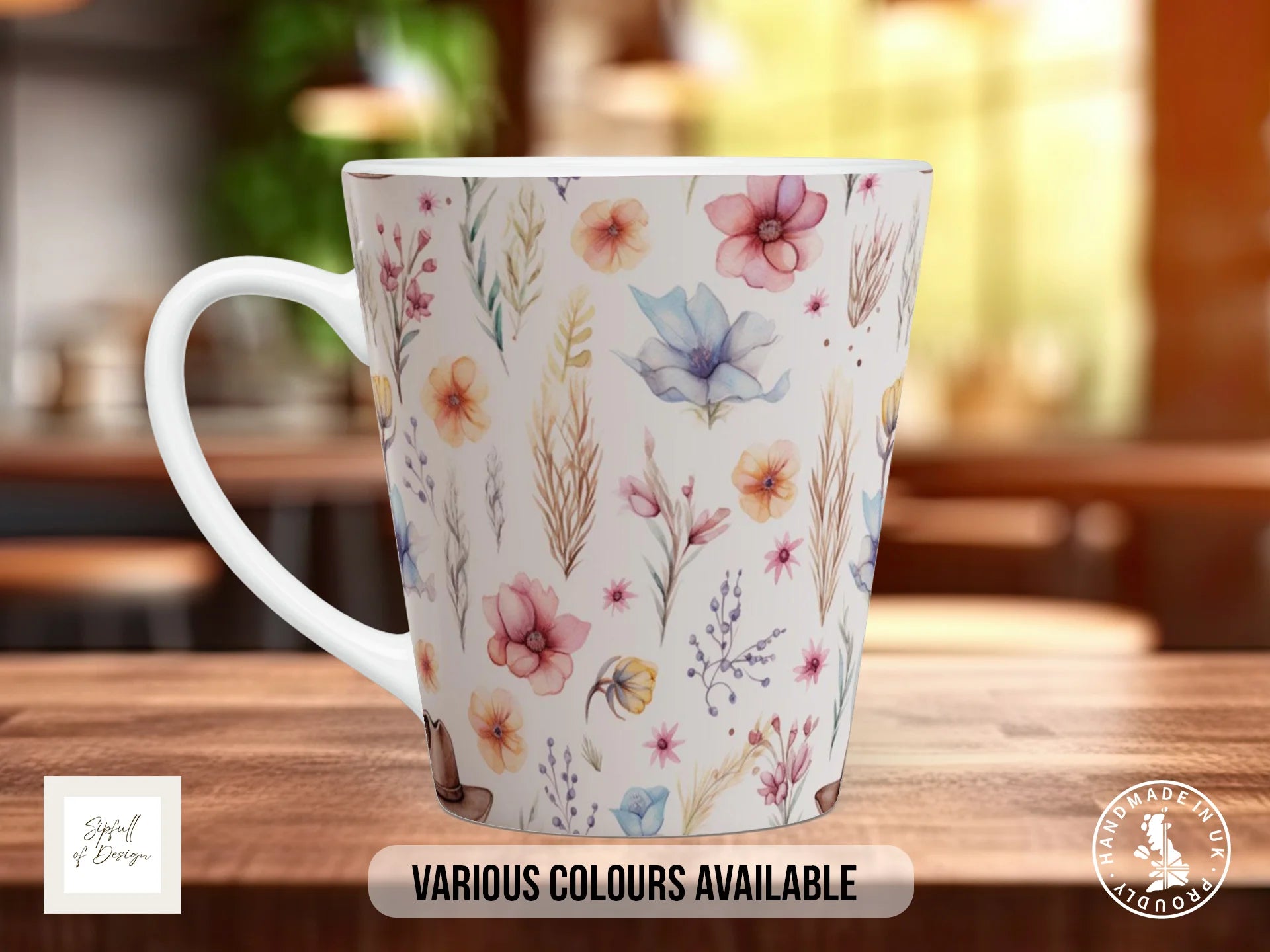 Floral Western Boho Full Wrap Mug – Design 1 | Watercolour Wildflower Meadow | Art Mug 12oz Latte