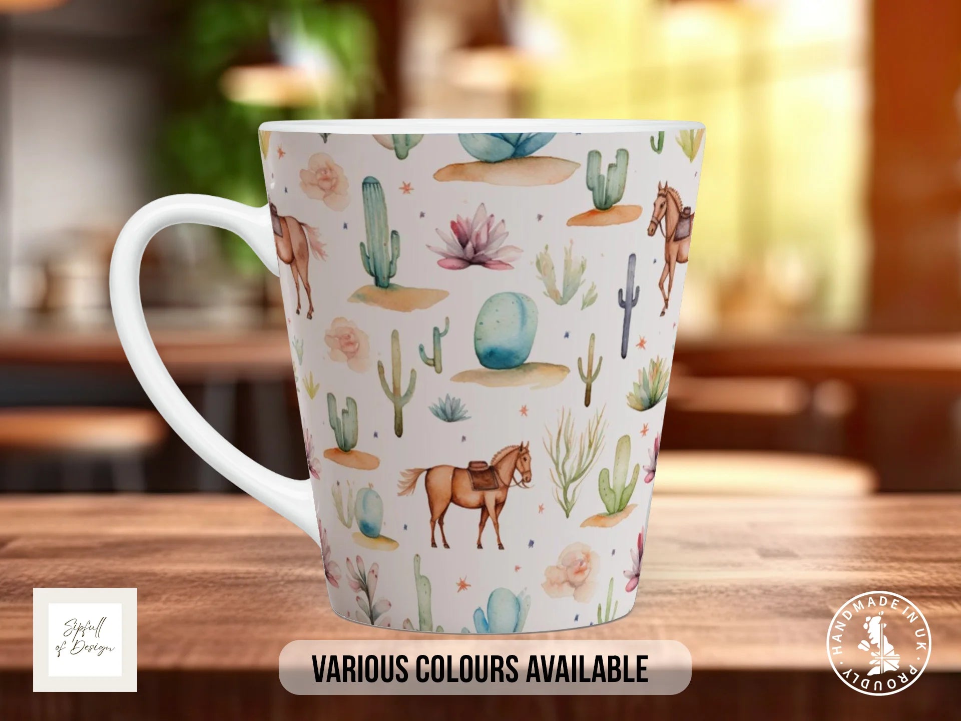 Floral Western Boho Full Wrap Mug – Design 12 | Chestnut Horses & Desert Cacti | Art Mug 12oz Latte