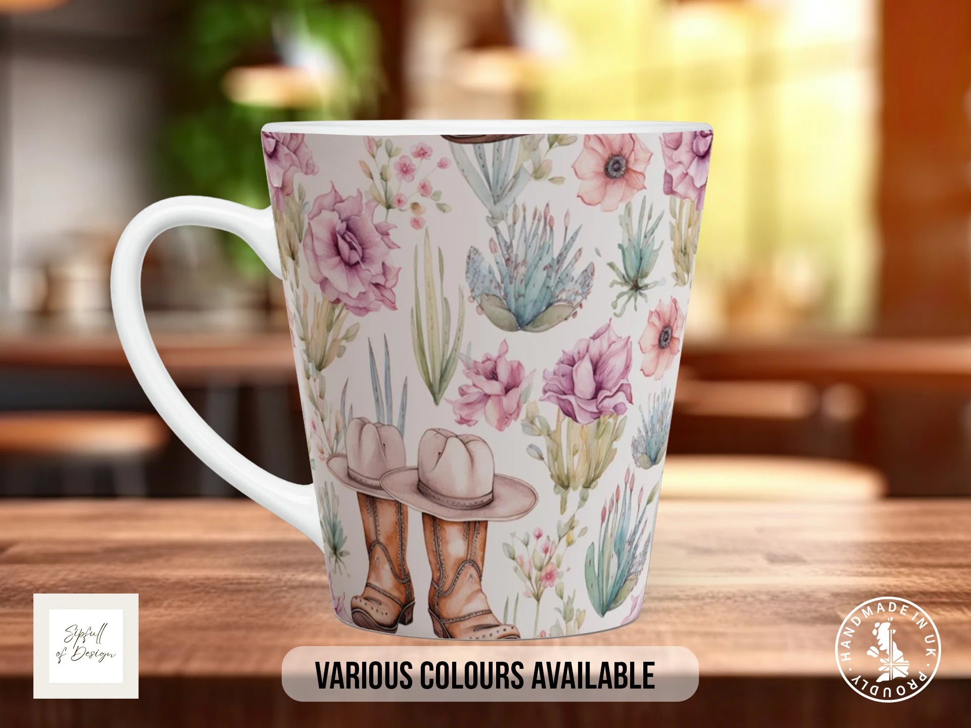 Floral Western Boho Full Wrap Mug – Design 7 | Cowgirl Hat & Boots Still Life | Art Mug 12oz Latte