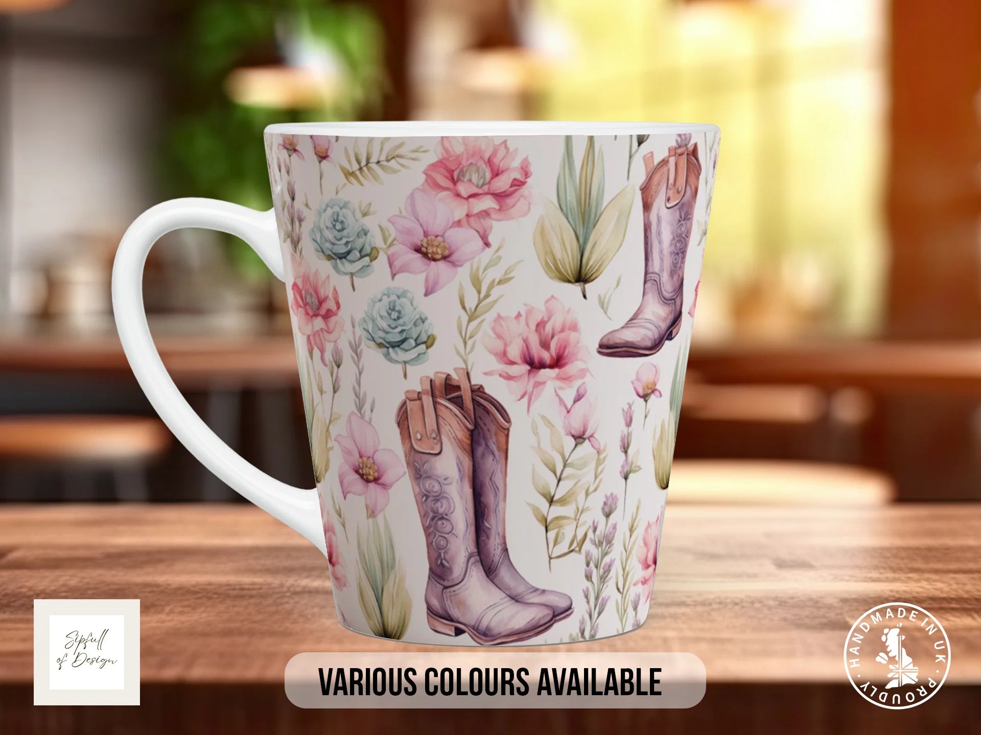 Floral Western Boho Full Wrap Mug – Design 9 | Embroidered Cowboy Boots & Blush Roses | Art Mug 12oz Latte