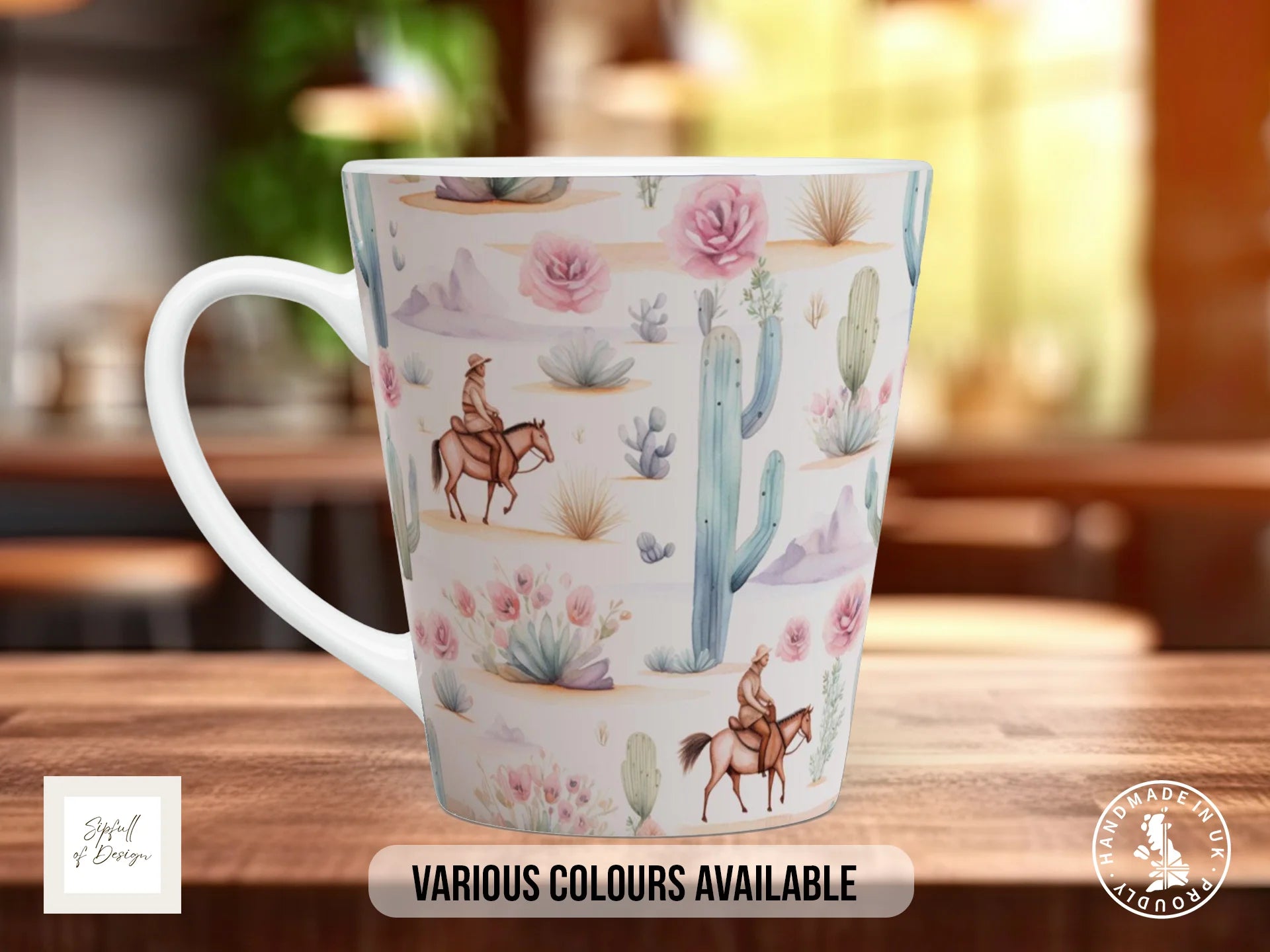 Floral Western Boho Full Wrap Mug – Design 10 | Cowboys on Horseback Desert Scene | Art Mug 12oz Latte