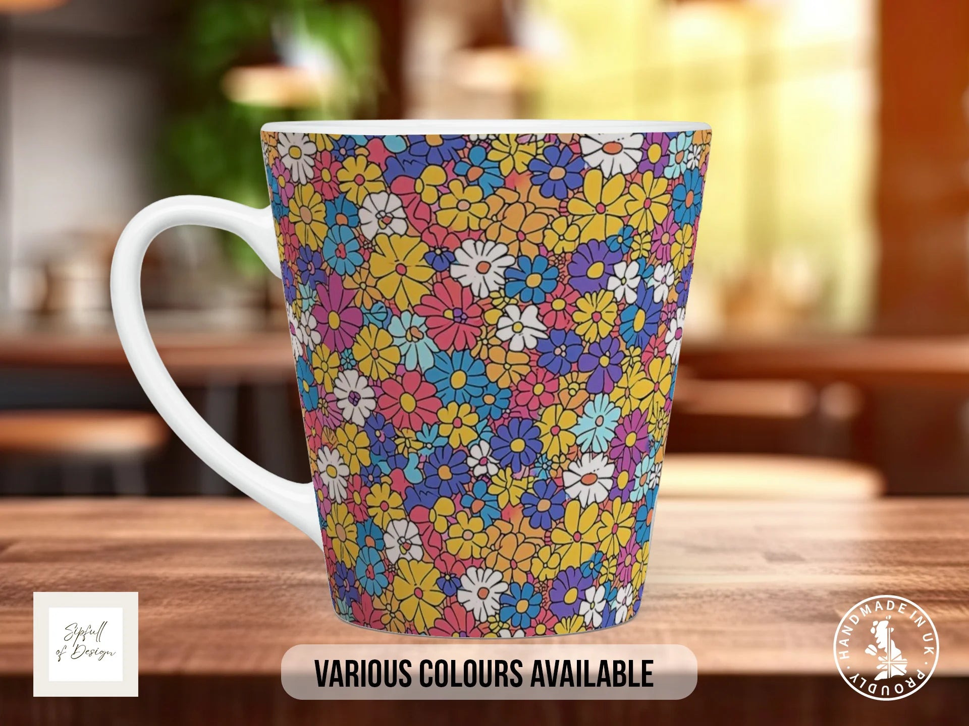 Groovy Flowers Full Wrap Mug – Design 3 | Ditsy Vintage Daisy | Retro Art Mug 12oz Latte