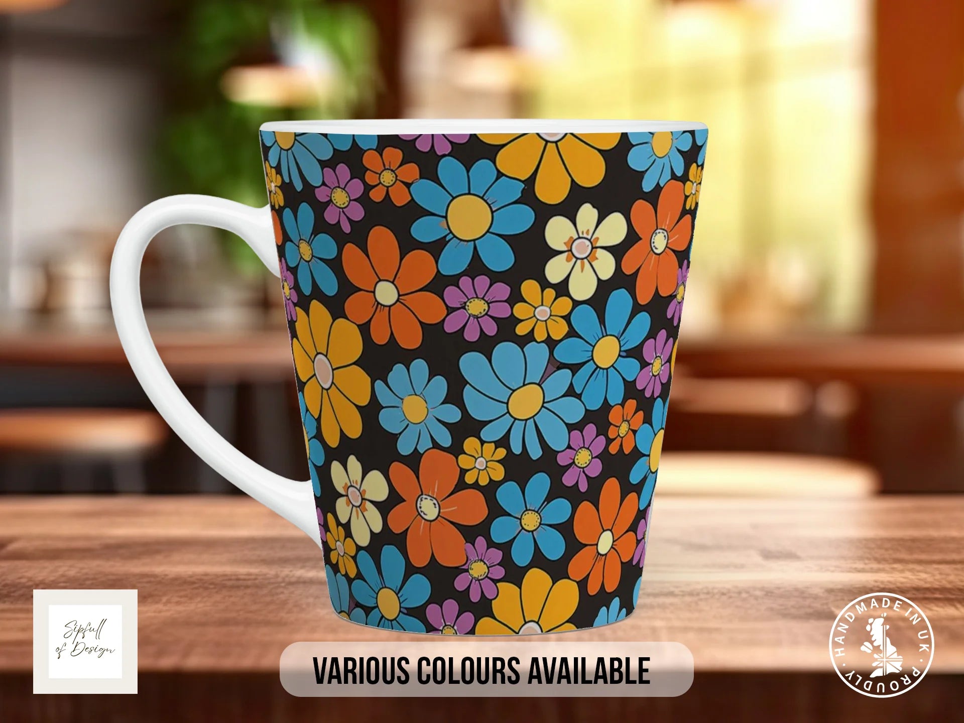 Groovy Flowers Full Wrap Mug – Design 11 | Black Retro Poster Daisy | Retro Art Mug 12oz Latte