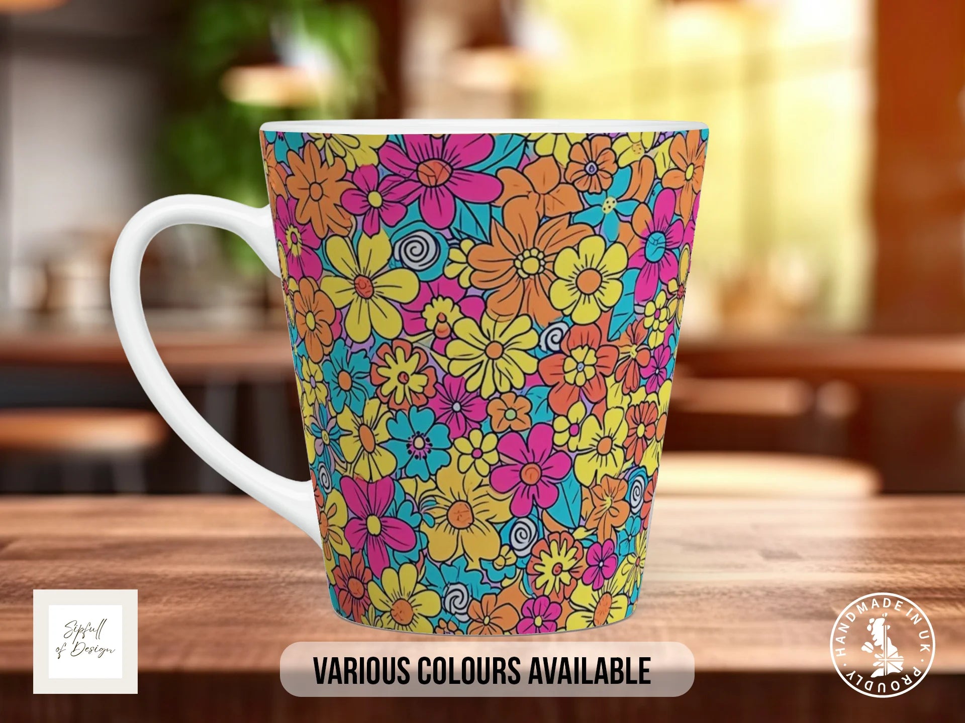 Groovy Flowers Full Wrap Mug – Design 10 | Neon Electric Daisy | Retro Art Mug 12oz Latte