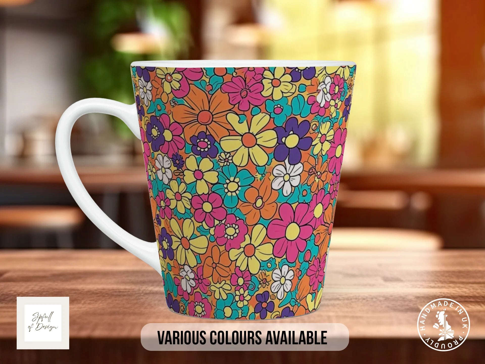 Groovy Flowers Full Wrap Mug – Design 8 | Hot Pink Festival Flowers | Retro Art Mug 12oz Latte