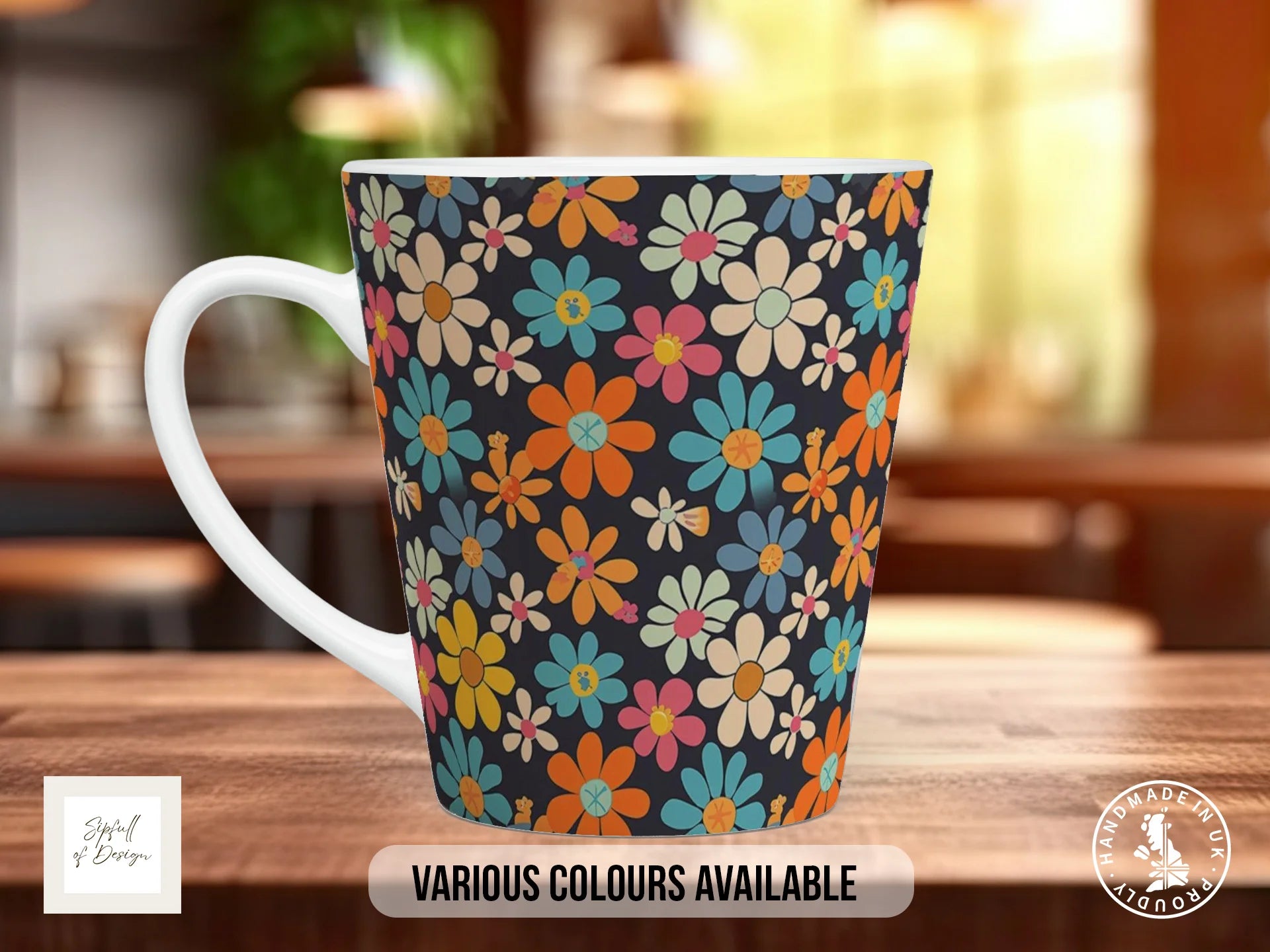 Groovy Flowers Full Wrap Mug – Design 7 | Dark Charcoal Retro Daisy | Retro Art Mug 12oz Latte