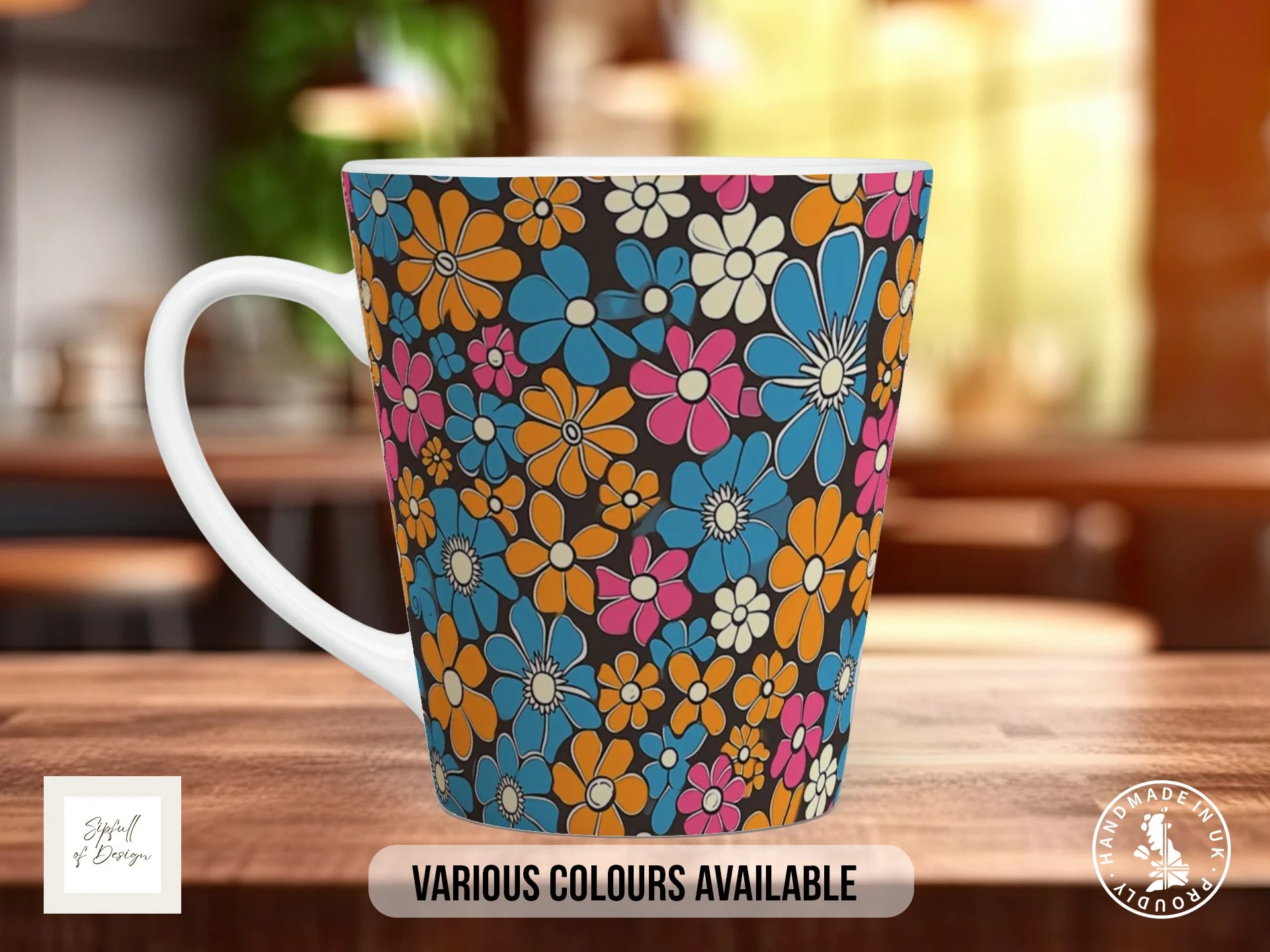 Groovy Flowers Full Wrap Mug – Design 2 | Teal Orange Pink Trio | Retro Art Mug 12oz Latte
