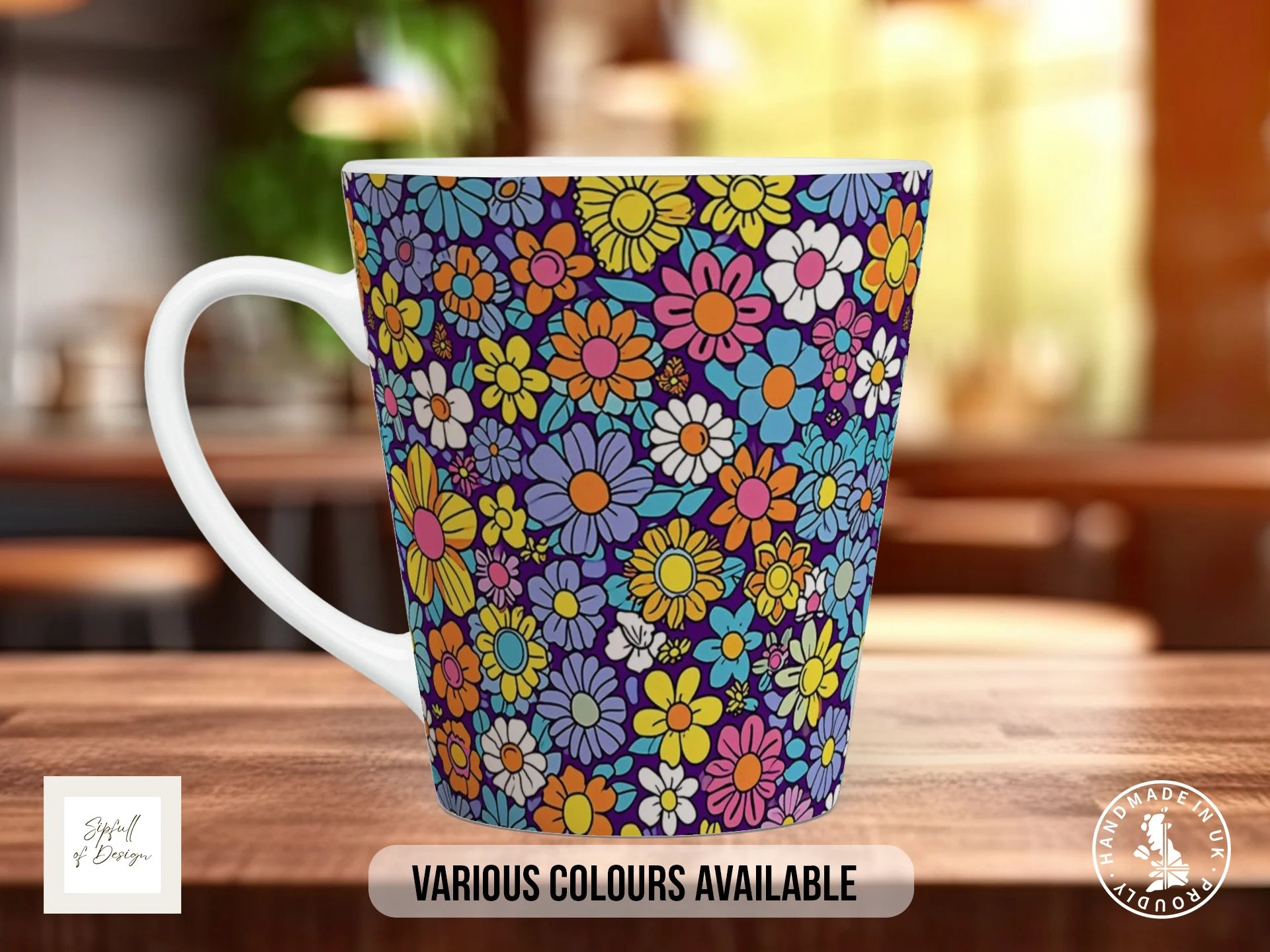 Groovy Flowers Full Wrap Mug – Design 5 | Midnight Garden Daisy | Retro Art Mug 12oz Latte
