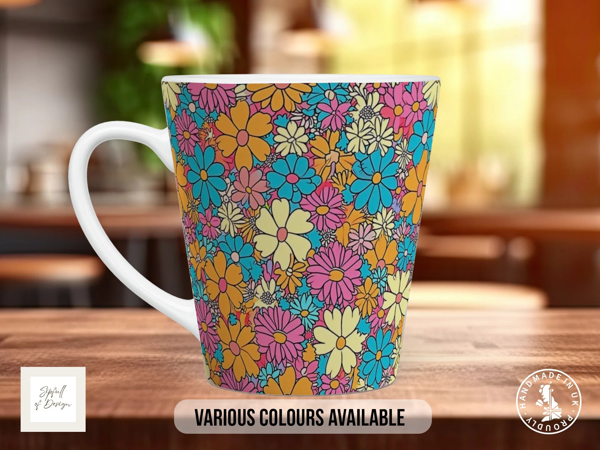 Groovy Flowers Full Wrap Mug – Design 6 | Golden Summer Daisy | Retro Art Mug 12oz Latte