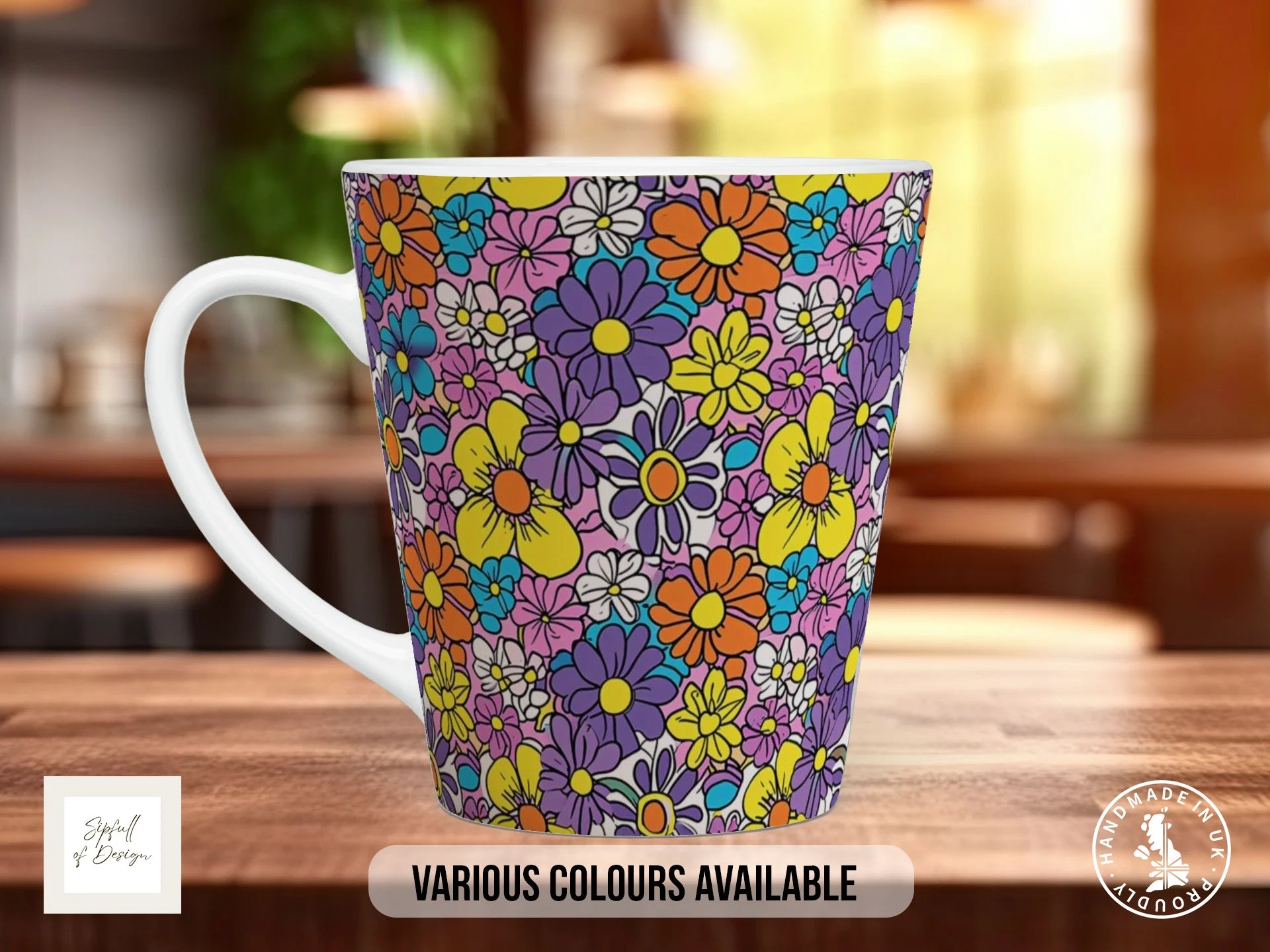 Groovy Flowers Full Wrap Mug – Design 1 | Purple Meadow Daisy | Retro Art Mug 12oz Latte