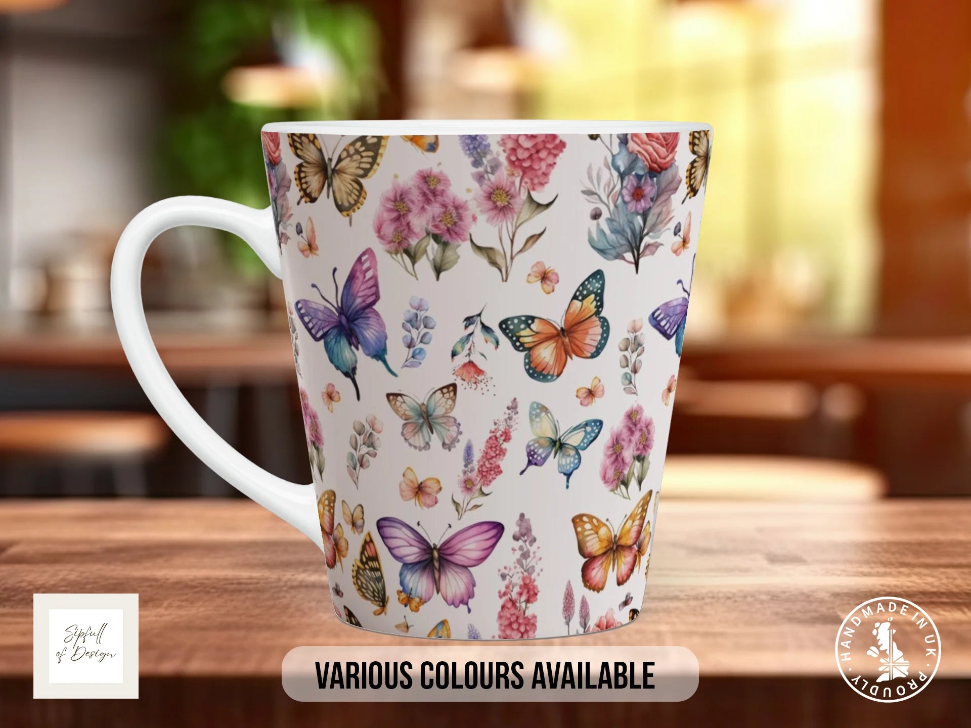 Watercolour Butterfly Full Wrap Mug – Design 1 | Summer Meadow Butterflies & Wildflowers on White | Art Mug 12oz Latte