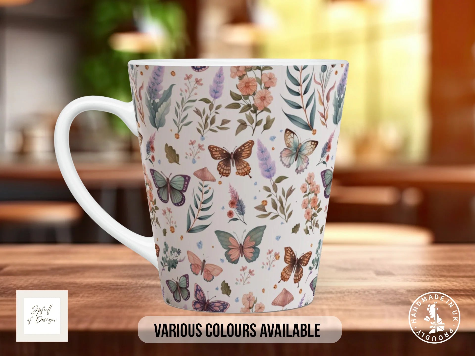Watercolour Butterfly Full Wrap Mug – Design 2 | Botanical Garden Butterflies & Foliage on Warm White | Art Mug 12oz Latte