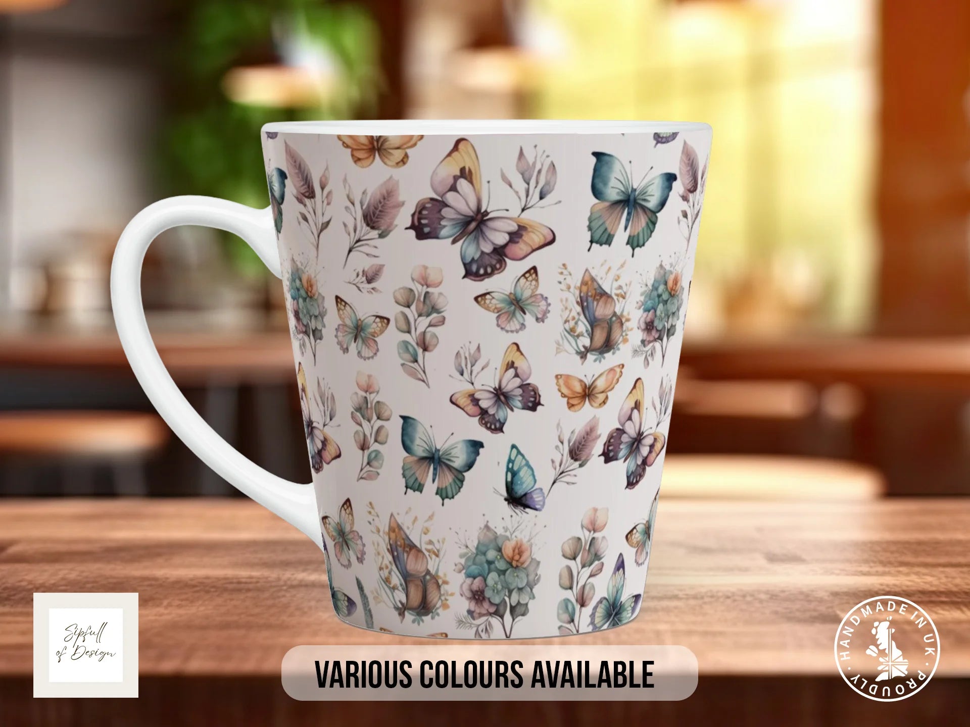 Watercolour Butterfly Full Wrap Mug – Design 3 | Muted Sage & Blush Butterflies with Eucalyptus | Art Mug 12oz Latte