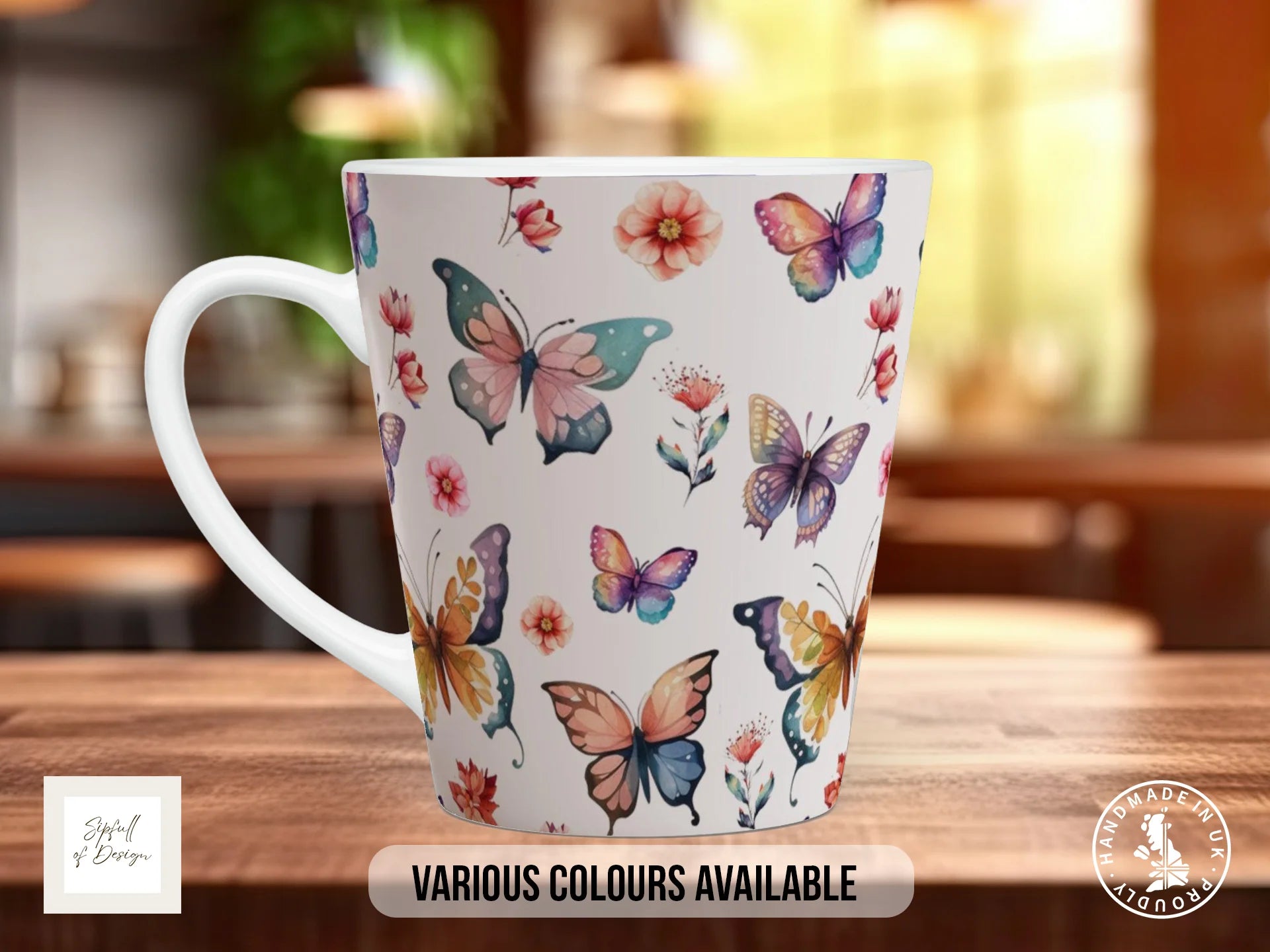 Watercolour Butterfly Full Wrap Mug – Design 5 | Spacious Teal & Amber Butterflies on White | Art Mug 12oz Latte