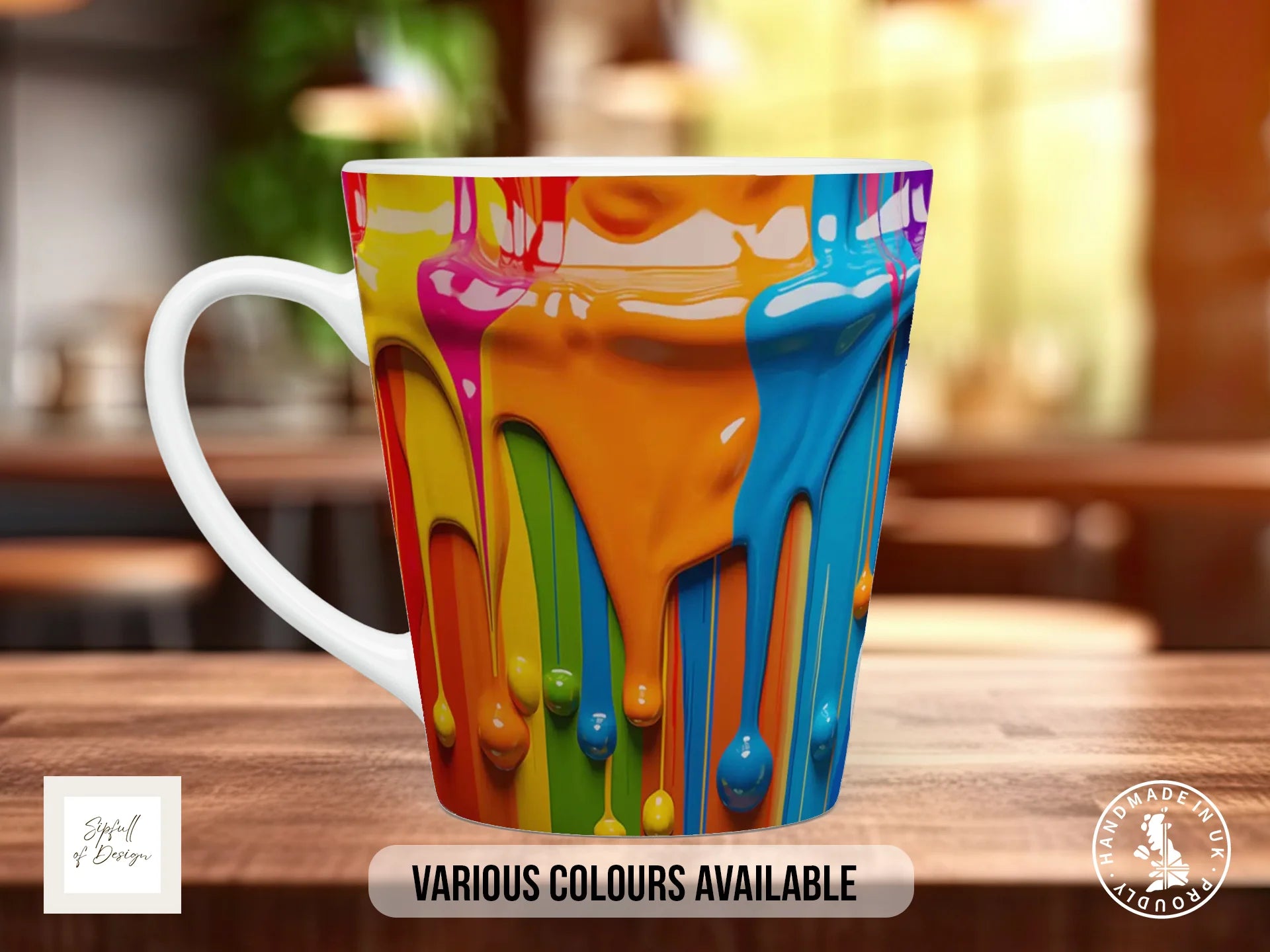 Bold Paint Pour Mug | Full Wrap Abstract Art Design in Orange, Yellow & Blue 12oz Latte