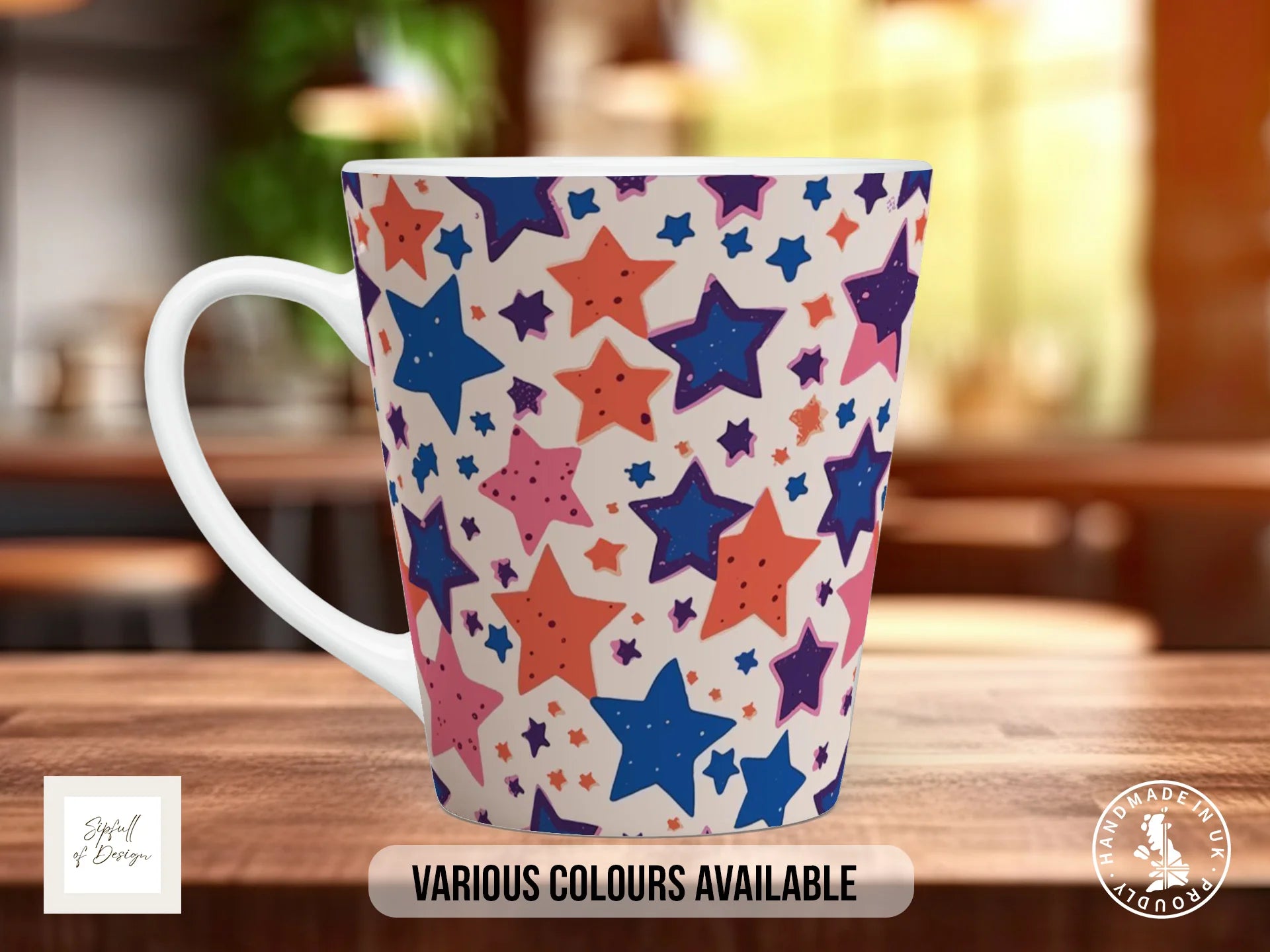 Stars Full Wrap Mug – Design 11 | Chunky Overlapping Stars in Blue, Coral & Pink | Art Mug 12oz Latte
