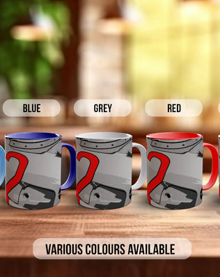 a row of five mugs with different color options, including light blue, blue, grey, red, and orange.