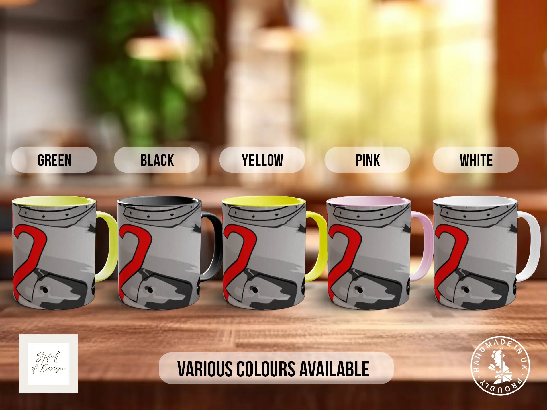 a row of five mugs with different colors, including green, black, yellow, pink, and white.