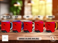 a row of five red mugs with different color options, including light blue, blue, grey, red, and orange, arranged on a wooden surface.