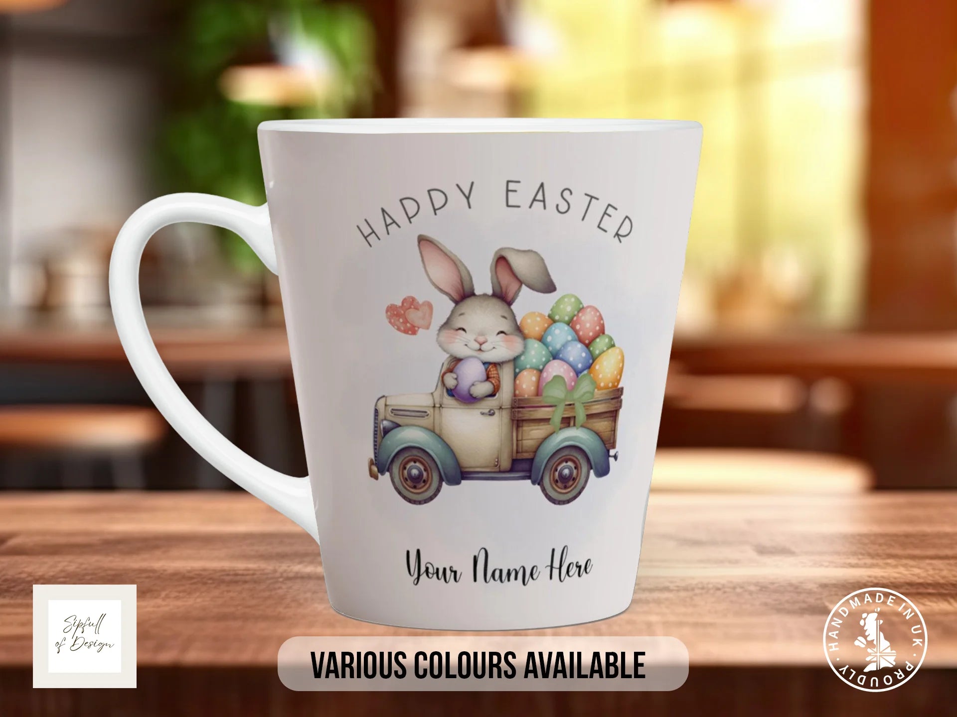 Personalised Easter Bunny in Truck Mug | Happy Easter Watercolour Gift 12oz Latte