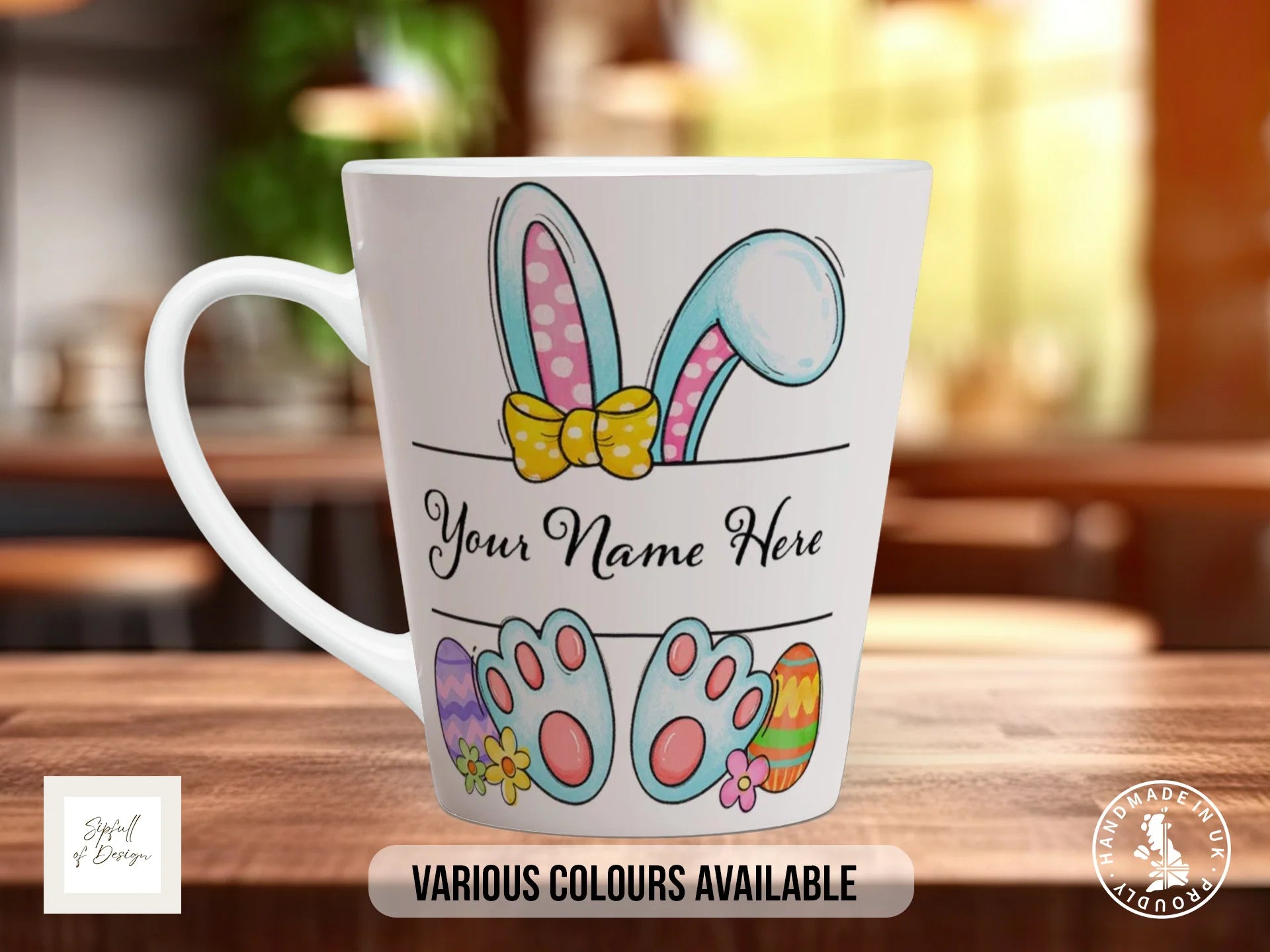 Personalised Easter Bunny Ears & Feet Mug – Pink | Bow Tie Name Gift 12oz Latte