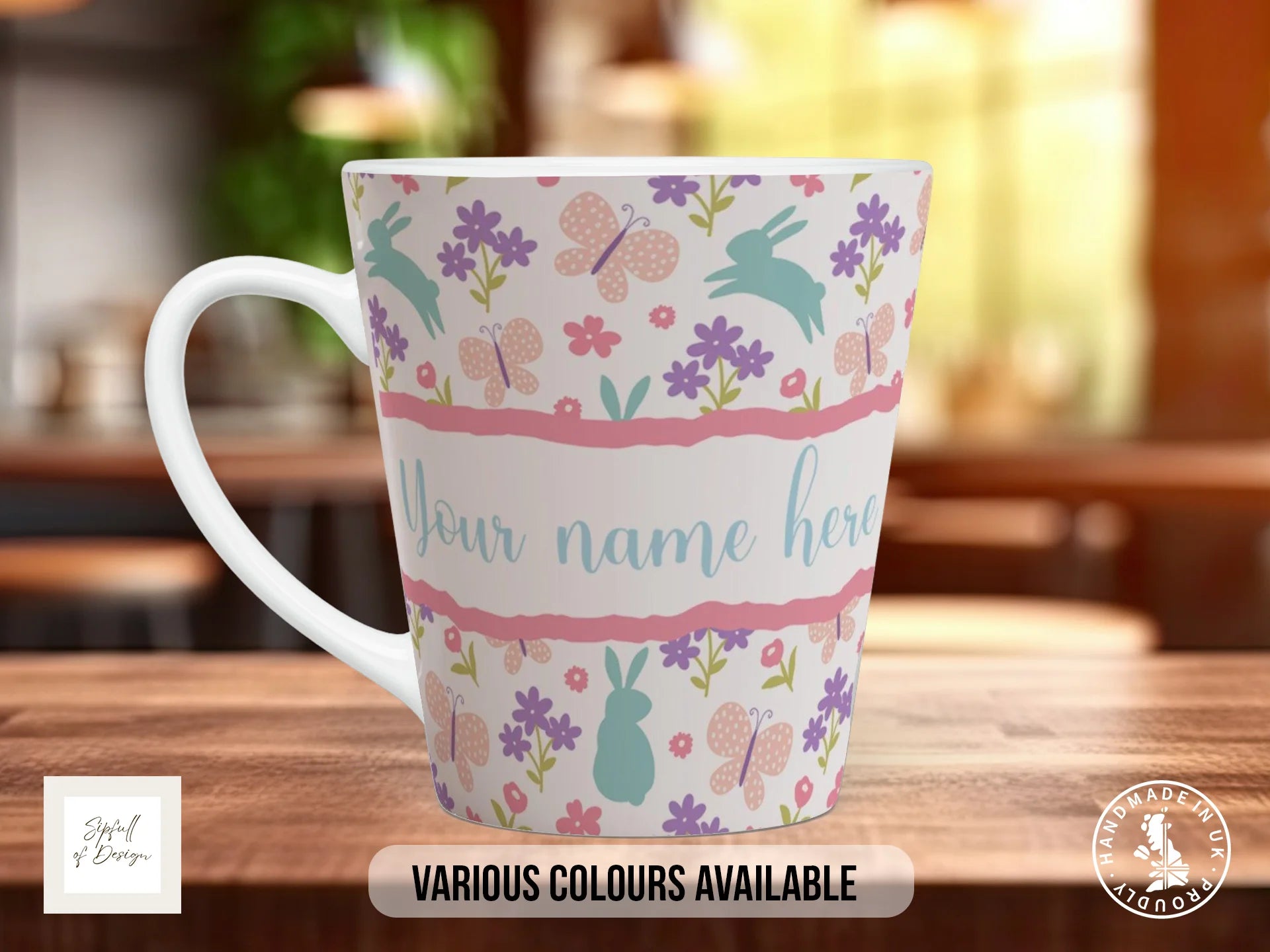 Personalised Easter Mug | Teal Bunny & Spring Flower Pattern | Name Gift 12oz Latte