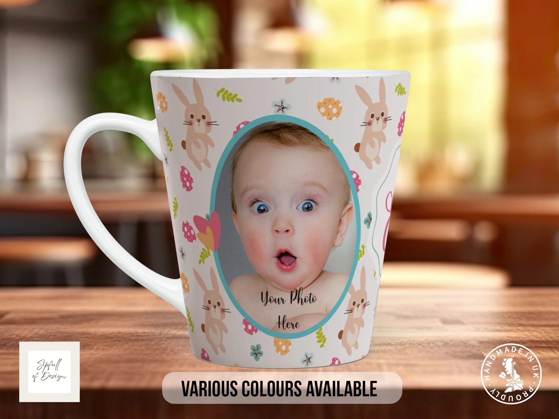 Personalised Easter Baby Photo Mug | Bunny & Mushroom Doodle Pattern 12oz Latte