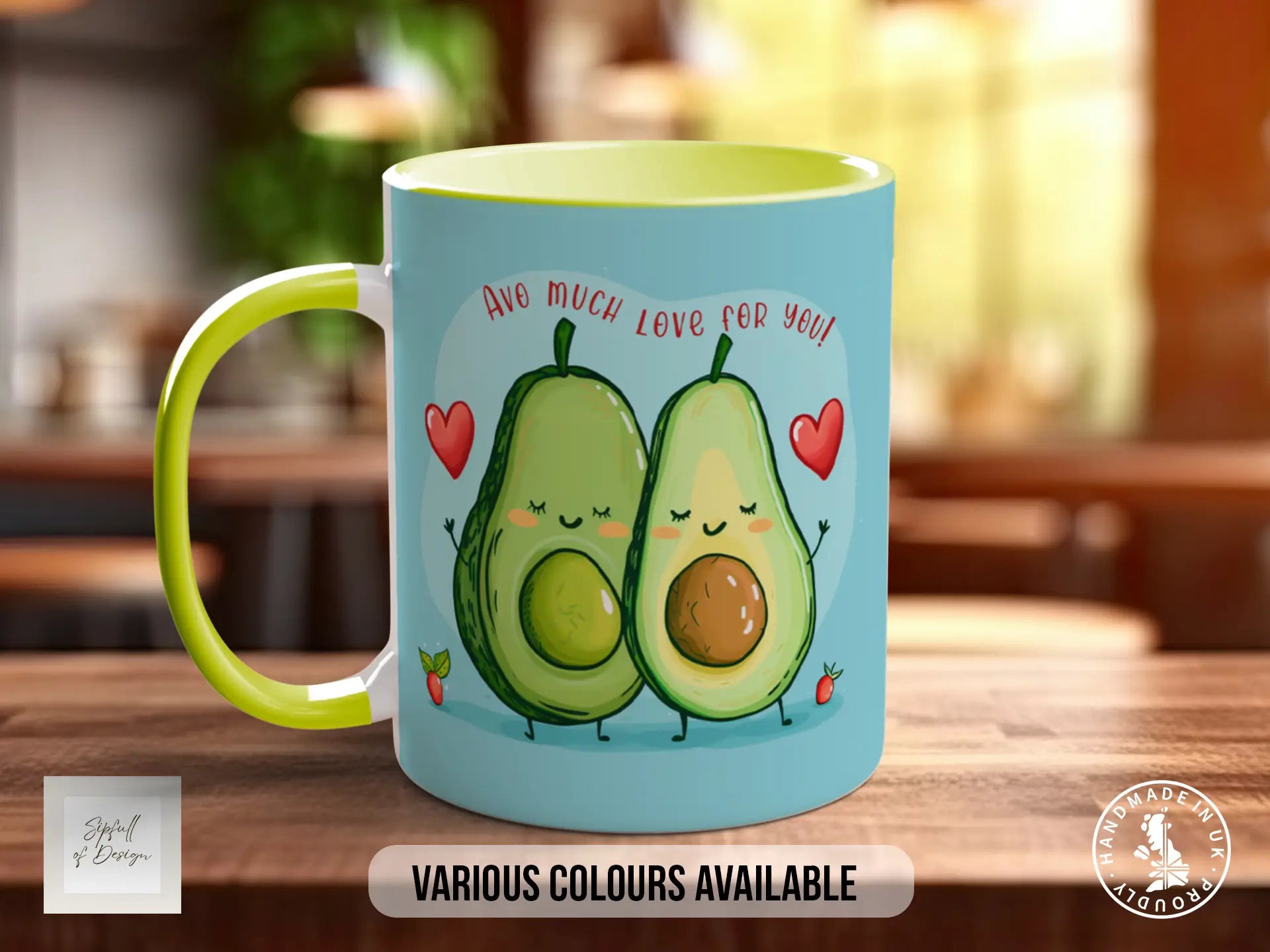 A colorful mug with a cartoon image of two smiling avocados and the text "Ave much love for you!"