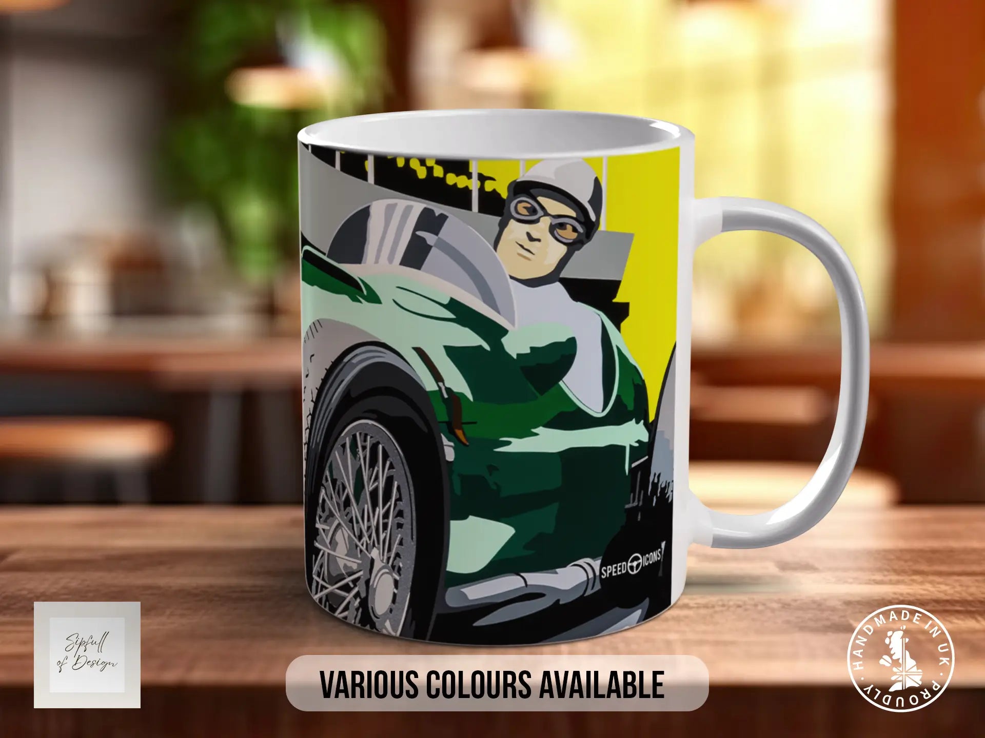 A white ceramic mug with a colorful illustration of a person in a racing suit and helmet, along with a racing car. The mug is placed on a wooden surface, and there is text indicating that various colors are available.