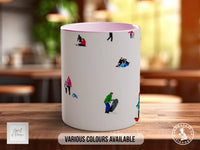 A white mug with a pink interior, featuring various small illustrations of people in different poses and activities.