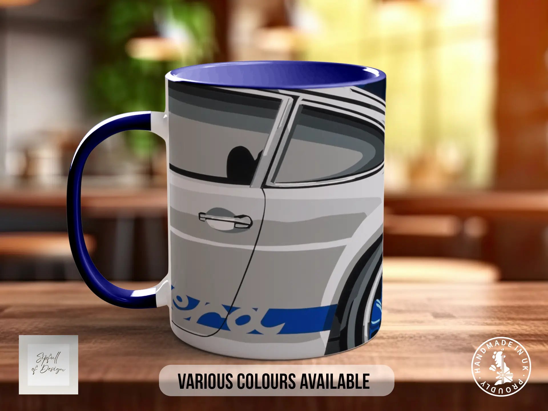 A mug with a graphic of a car on it, sitting on a wooden surface.