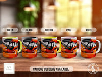 a row of five colorful mugs with different designs, arranged on a wooden surface.
