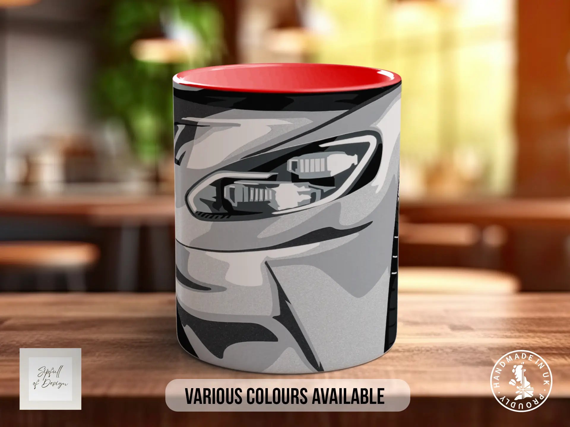 A mug with a camouflage pattern on it, sitting on a wooden surface.