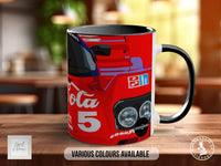 A red and black coffee mug with a graphic design featuring a red car and the number 5.