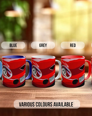 five red mugs with different colors, including light blue, blue, grey, red, and orange, arranged on a wooden surface.