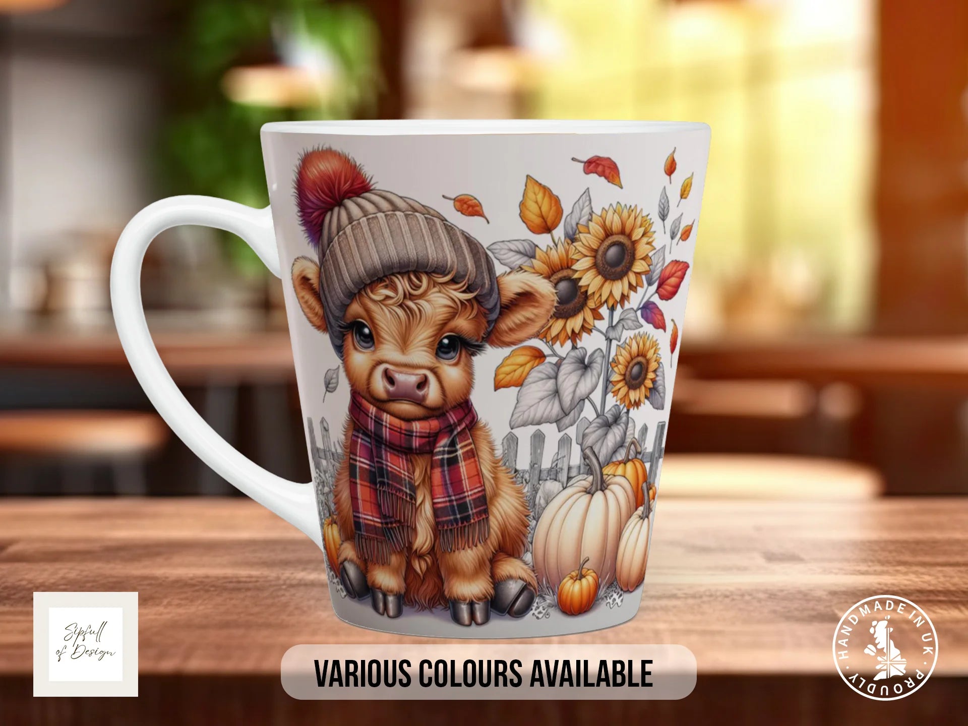 Fall Highland Cow Mug - Coloured 11oz, Bone China 10oz and 15oz and Latte 12oz options 12oz Latte