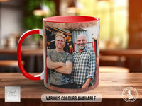 A red and white mug featuring a photo of two smiling men posing together.