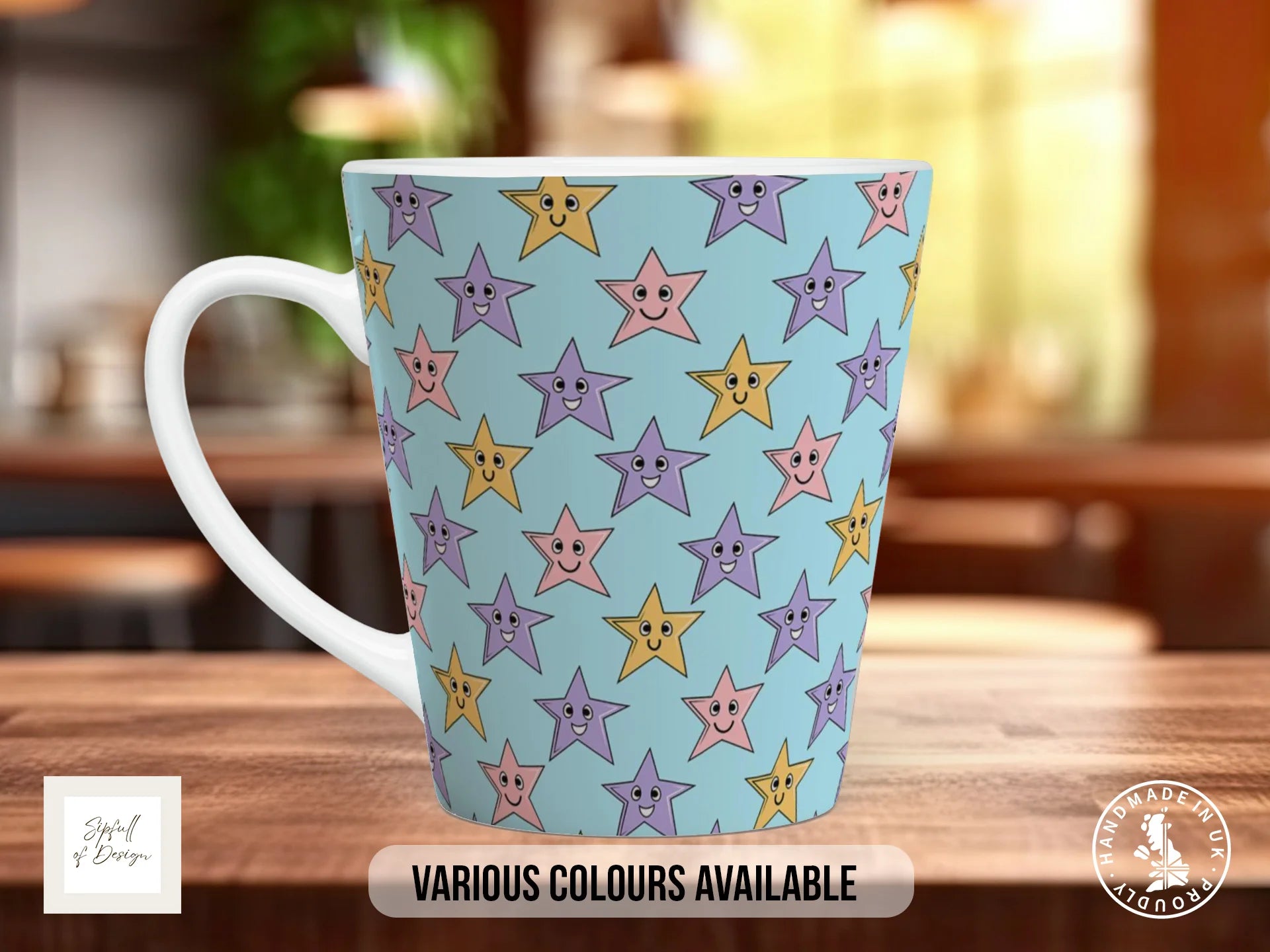 Stars Full Wrap Mug – Design 3 | Pastel Cartoon Smiley Stars on Sky Blue | Art Mug 12oz Latte