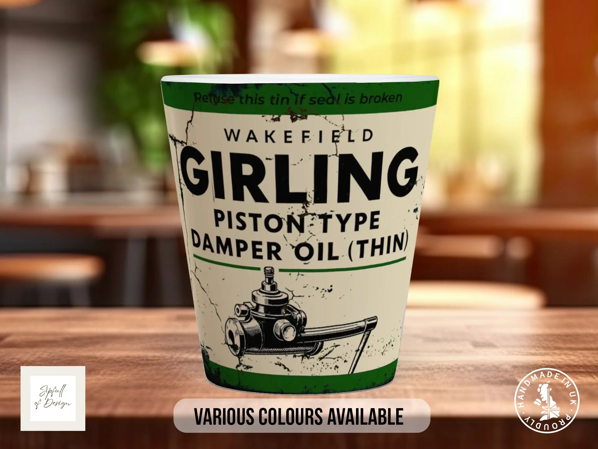 Vintage Damper Oil Mug | Classic Car Mug with Wakefield Piston Design 12oz Latte