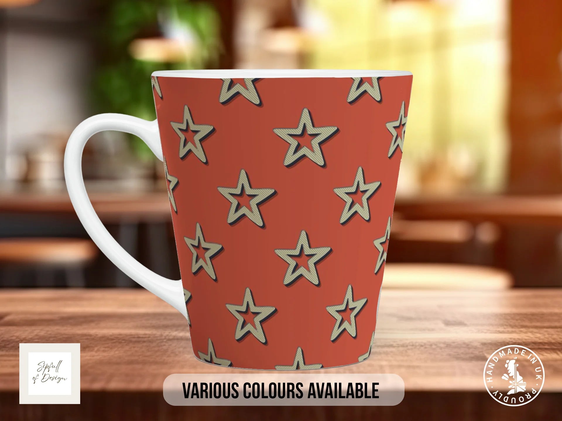Stars Full Wrap Mug – Design 8 | Khaki Gold Stars on Burnt Terracotta | Art Mug 12oz Latte