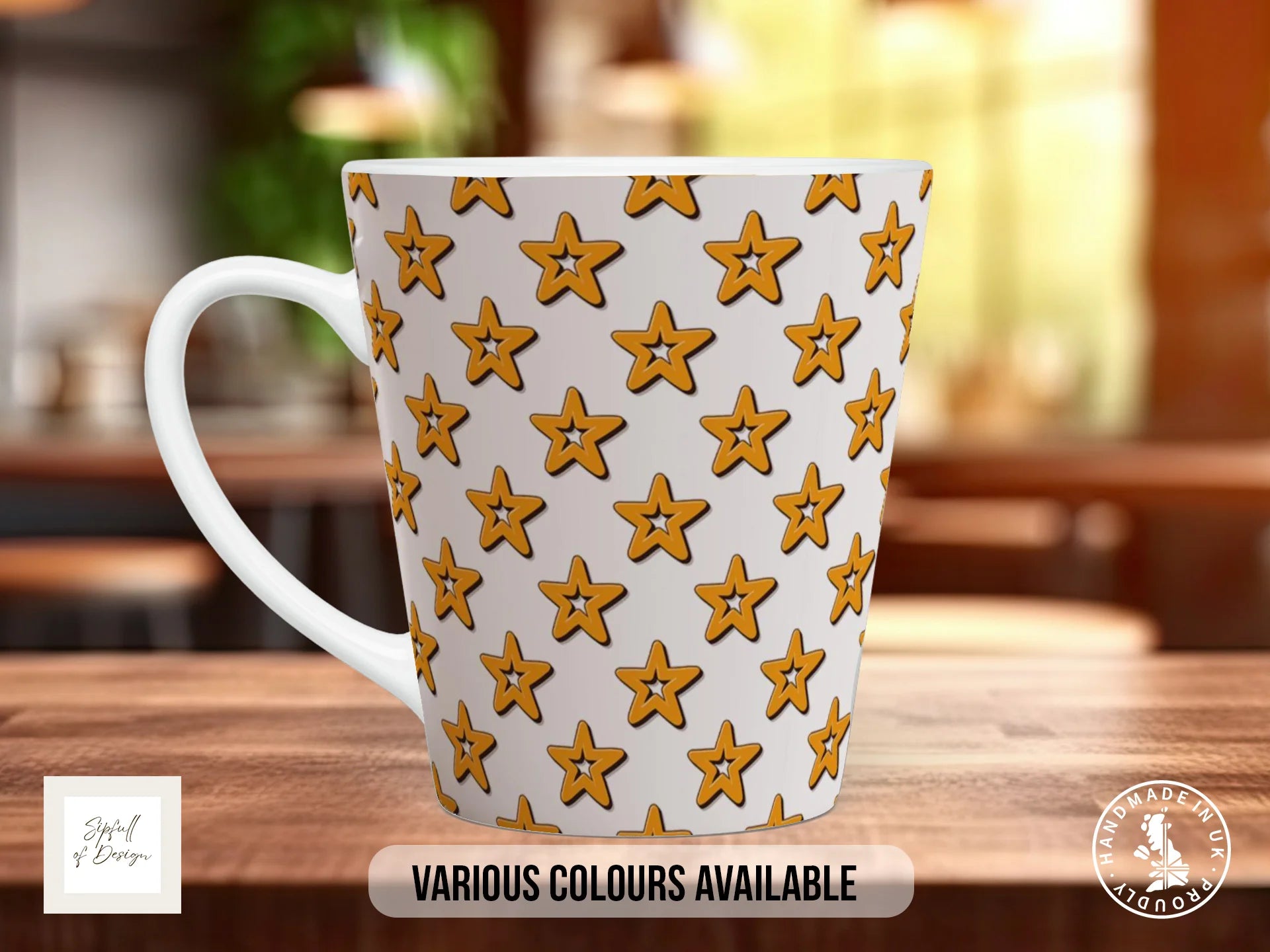 Stars Full Wrap Mug – Design 10 | Gold Retro Stars on White | Art Mug 12oz Latte