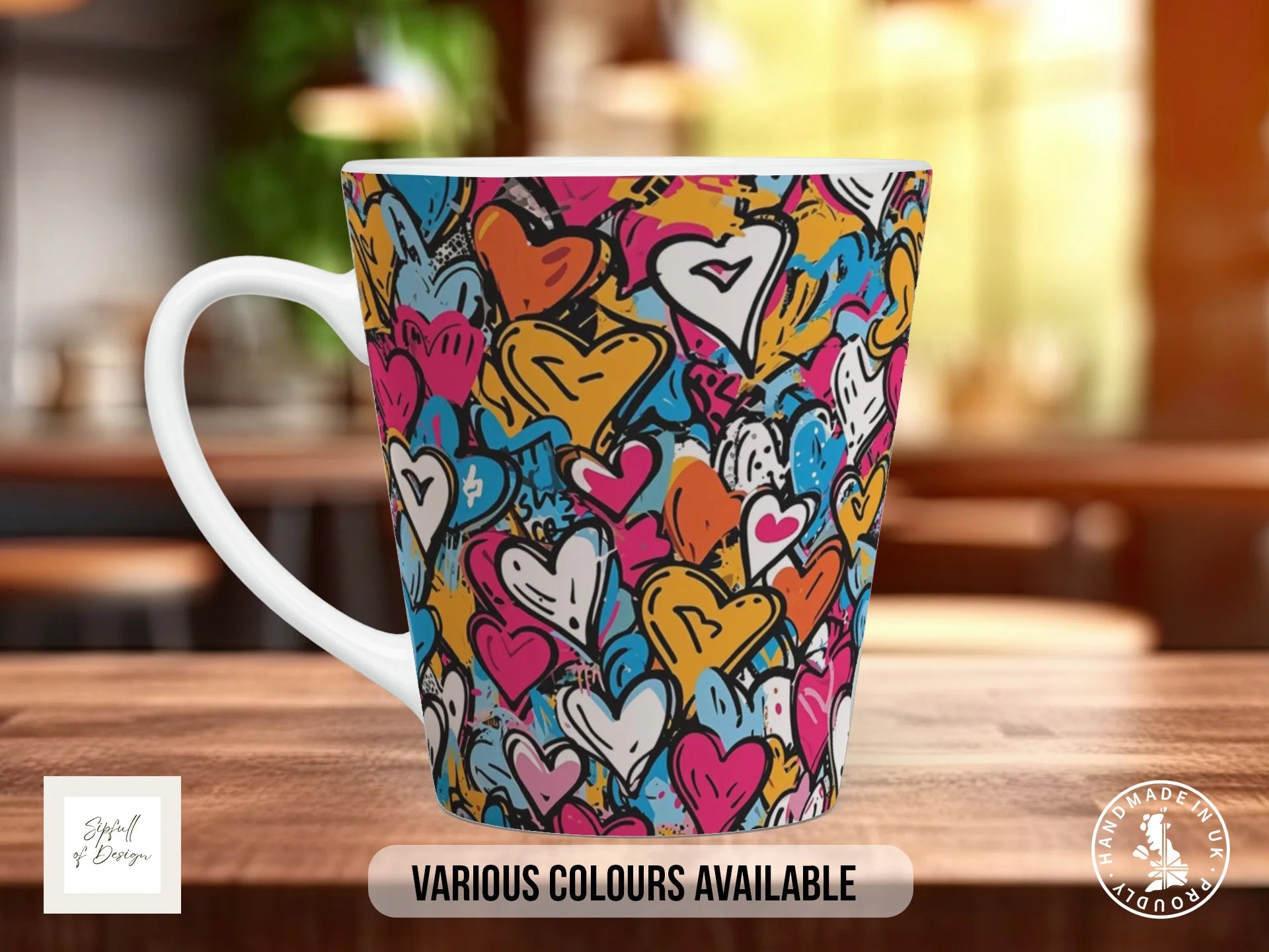 Graffiti Hearts Full Wrap Mug – Design 5 | Golden Eclectic Hearts | Bold Art Mug 12oz Latte