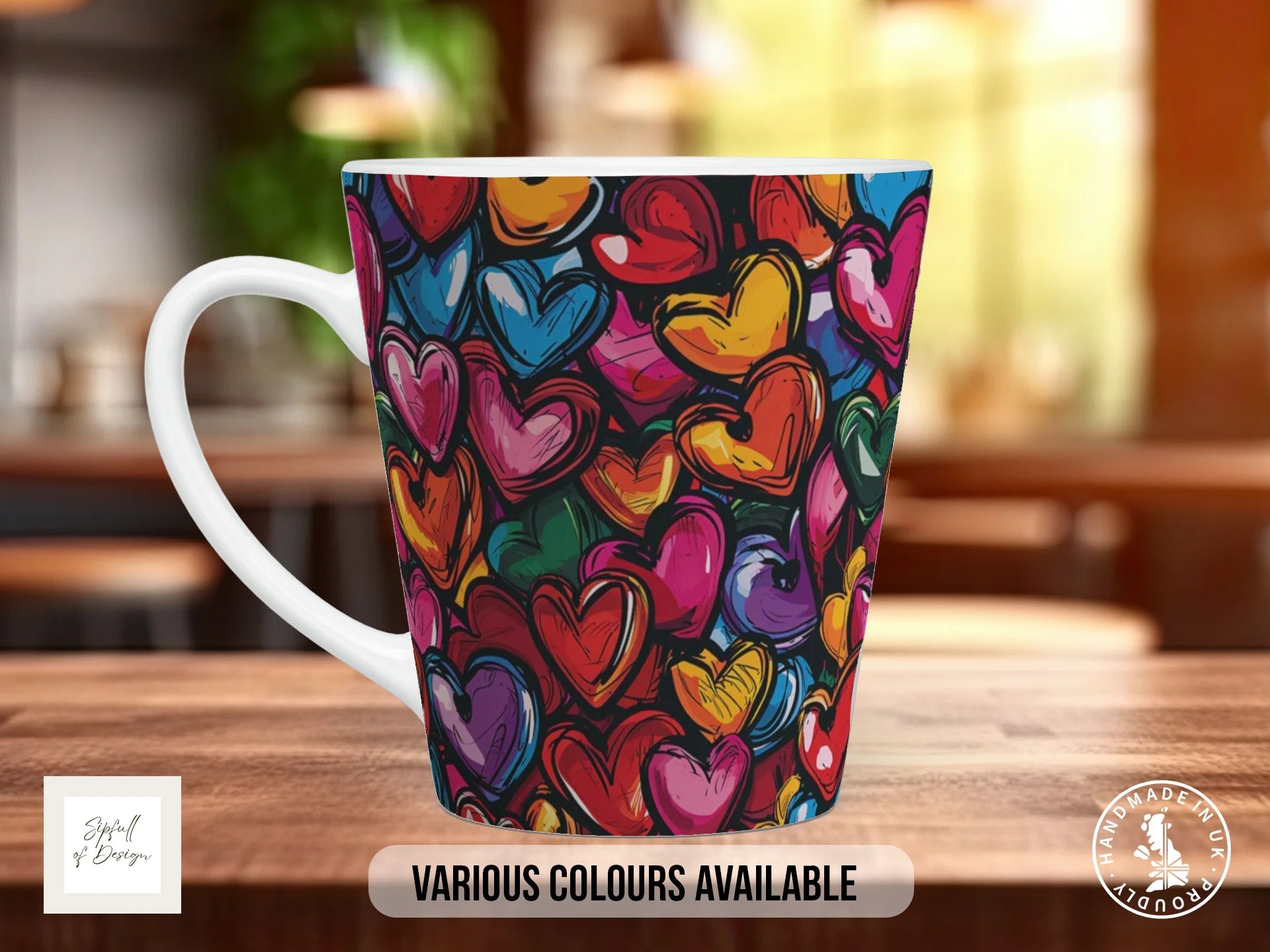 Graffiti Hearts Full Wrap Mug – Design 8 | Jewel Tone Sculpted Hearts | Bold Art Mug 12oz Latte
