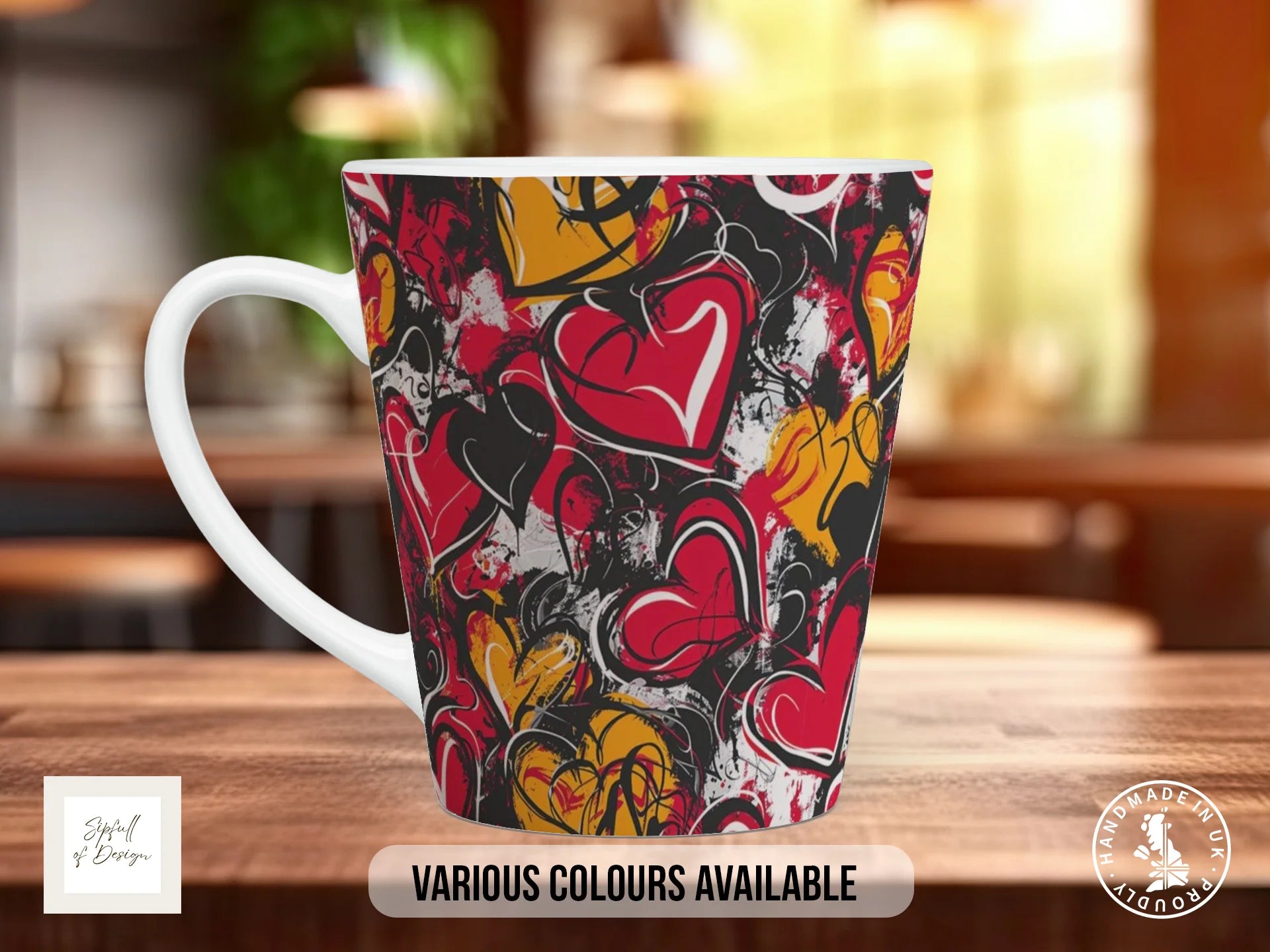 Graffiti Hearts Full Wrap Mug – Design 2 | Red & Gold Protest Hearts | Bold Art Mug 12oz Latte