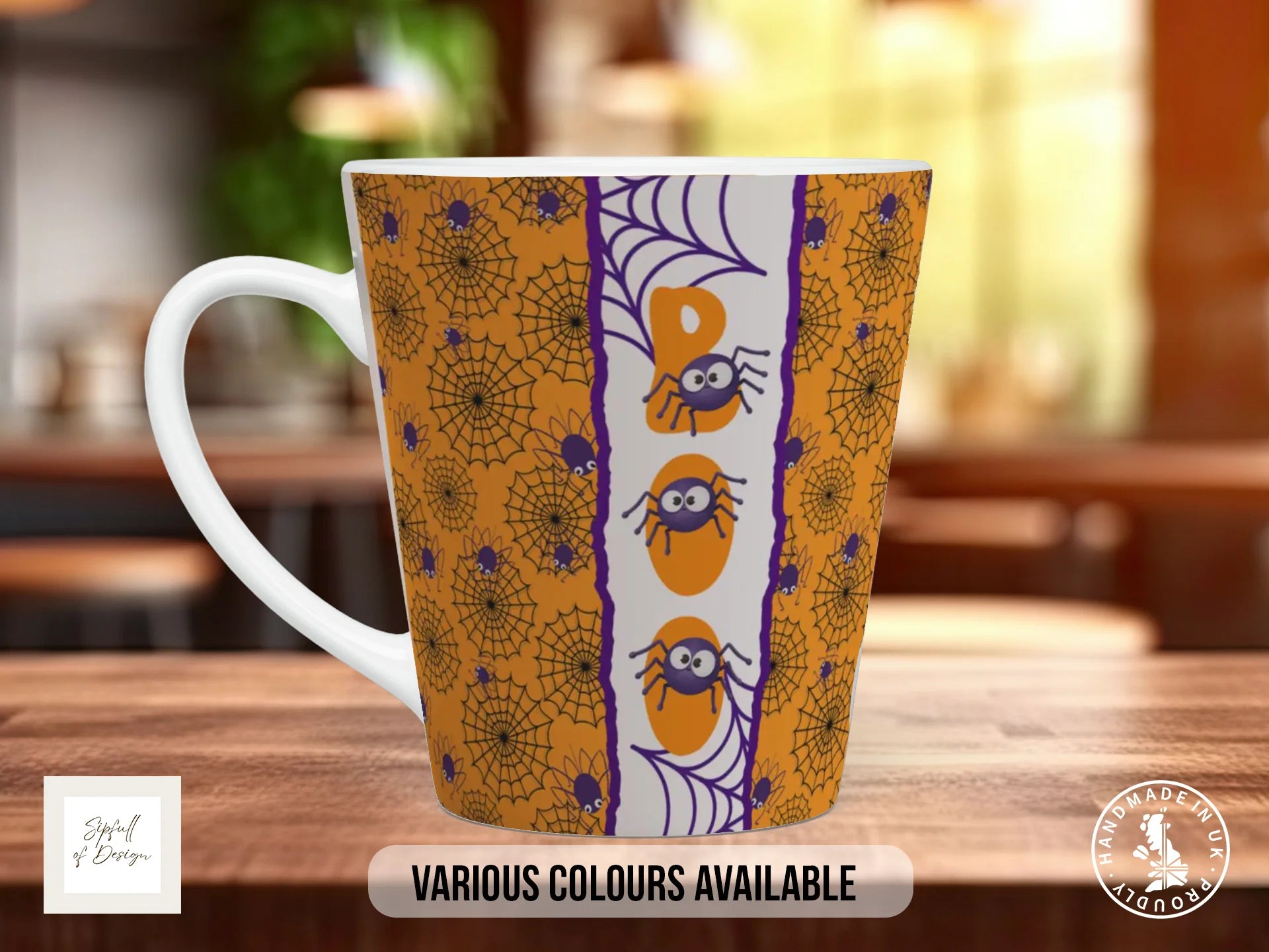 Halloween Spider Web Mug | Orange & Purple Spooky Spiders 12oz Latte