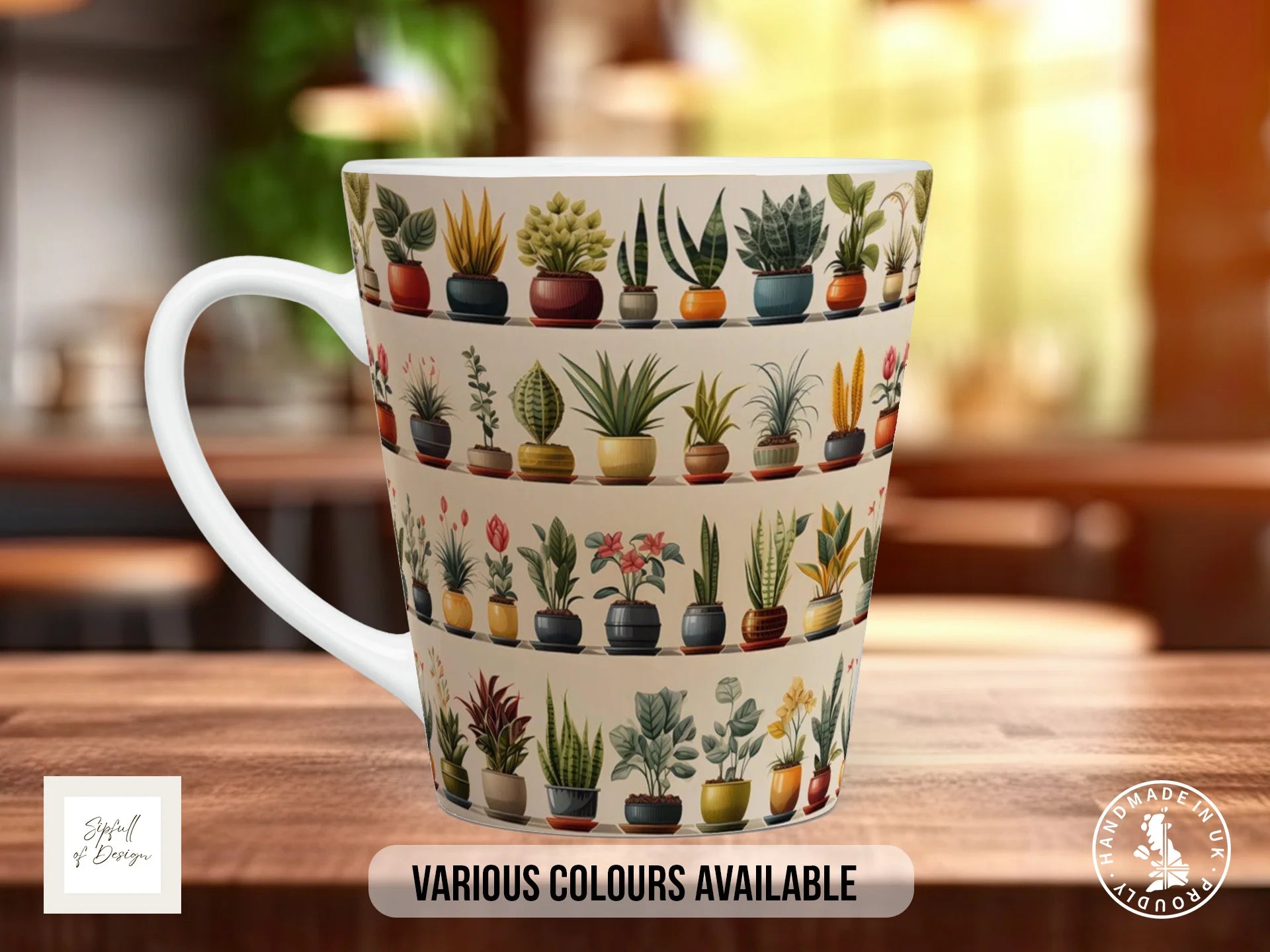 House Plants Full Wrap Mug – Design 15 | Four-Band Encyclopaedic Plant Collection on Cream | Art Mug 12oz Latte