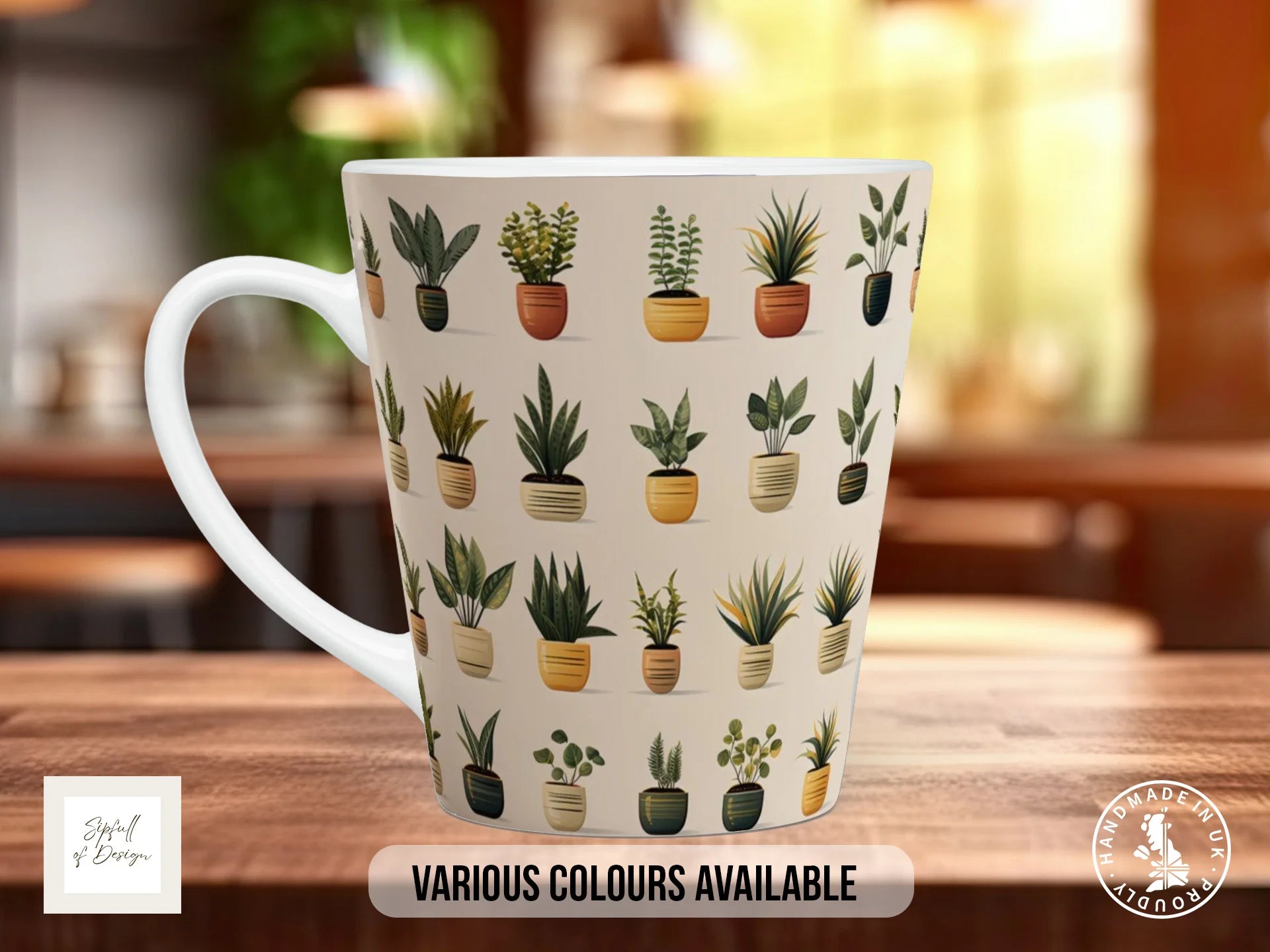House Plants Full Wrap Mug – Design 12 | All-Green Foliage Grid in Ribbed Pots on White | Art Mug 12oz Latte