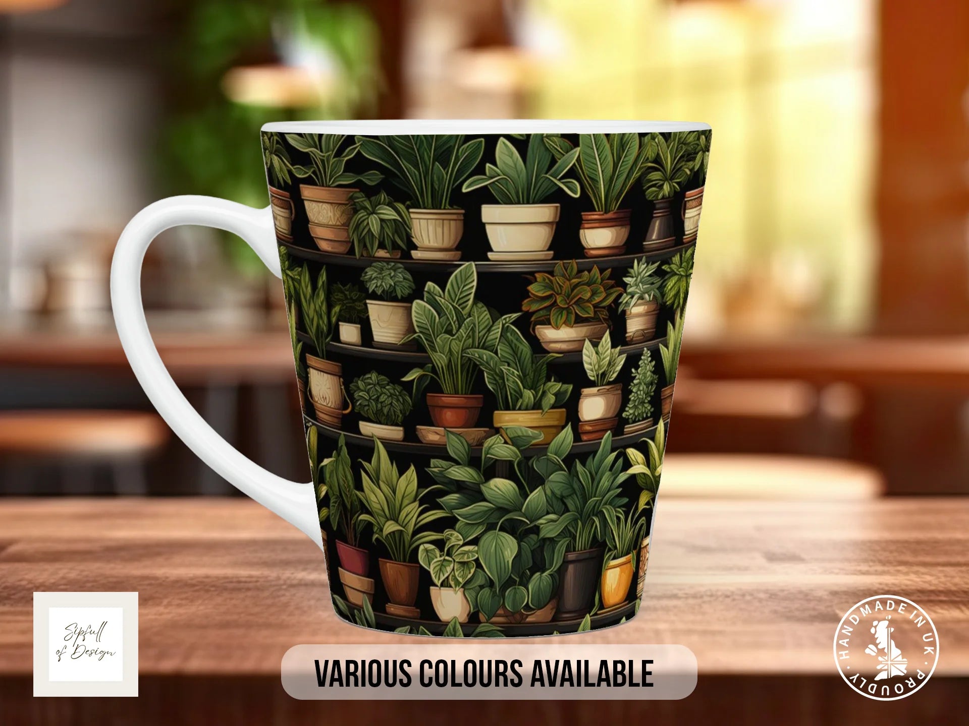 House Plants Full Wrap Mug – Design 13 | Victorian Botanical Shelves on Black | Art Mug 12oz Latte